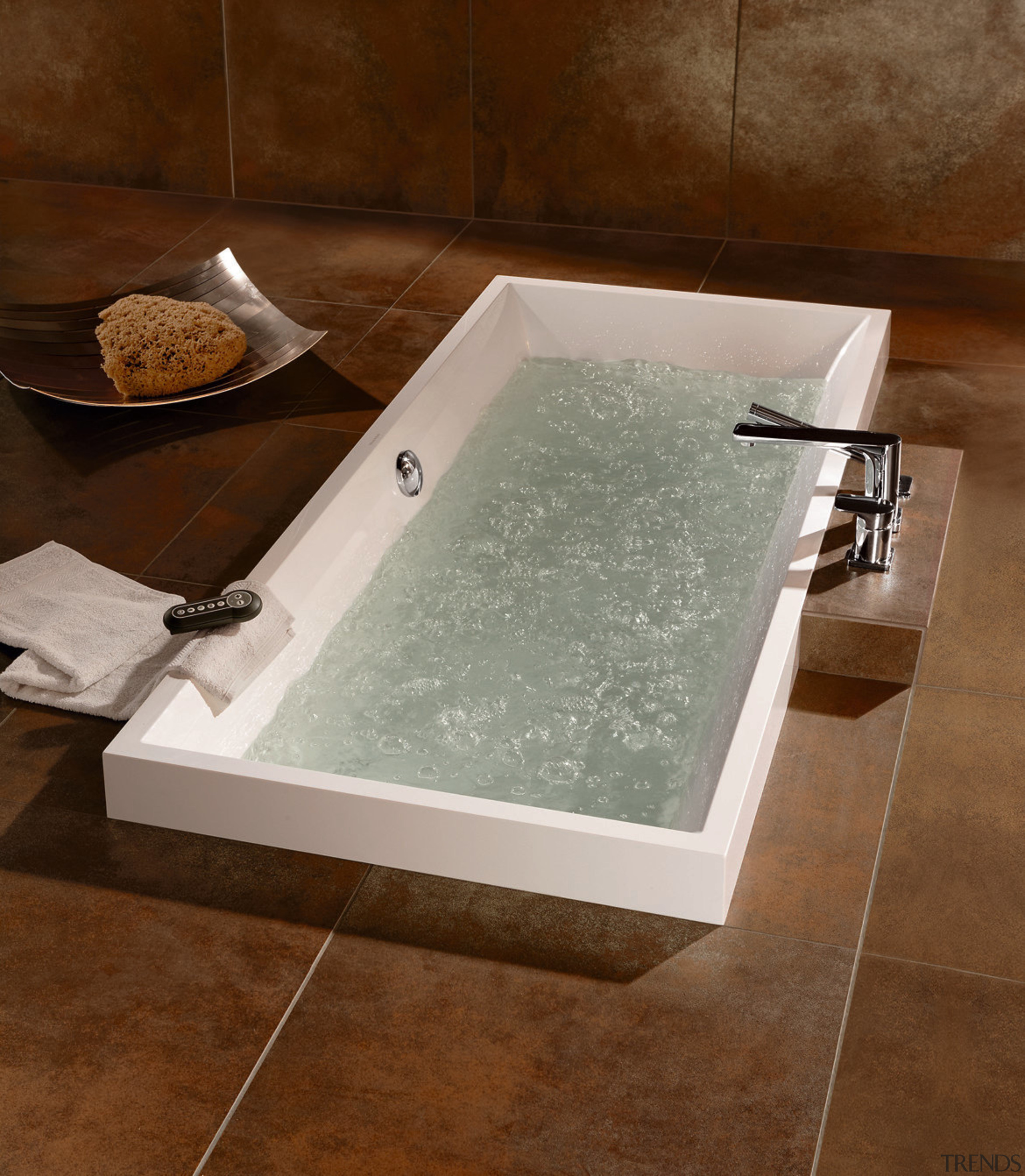 Image of a Squaro Villeroy and Boch bath bathtub, floor, jacuzzi, plumbing fixture, sink, brown, gray