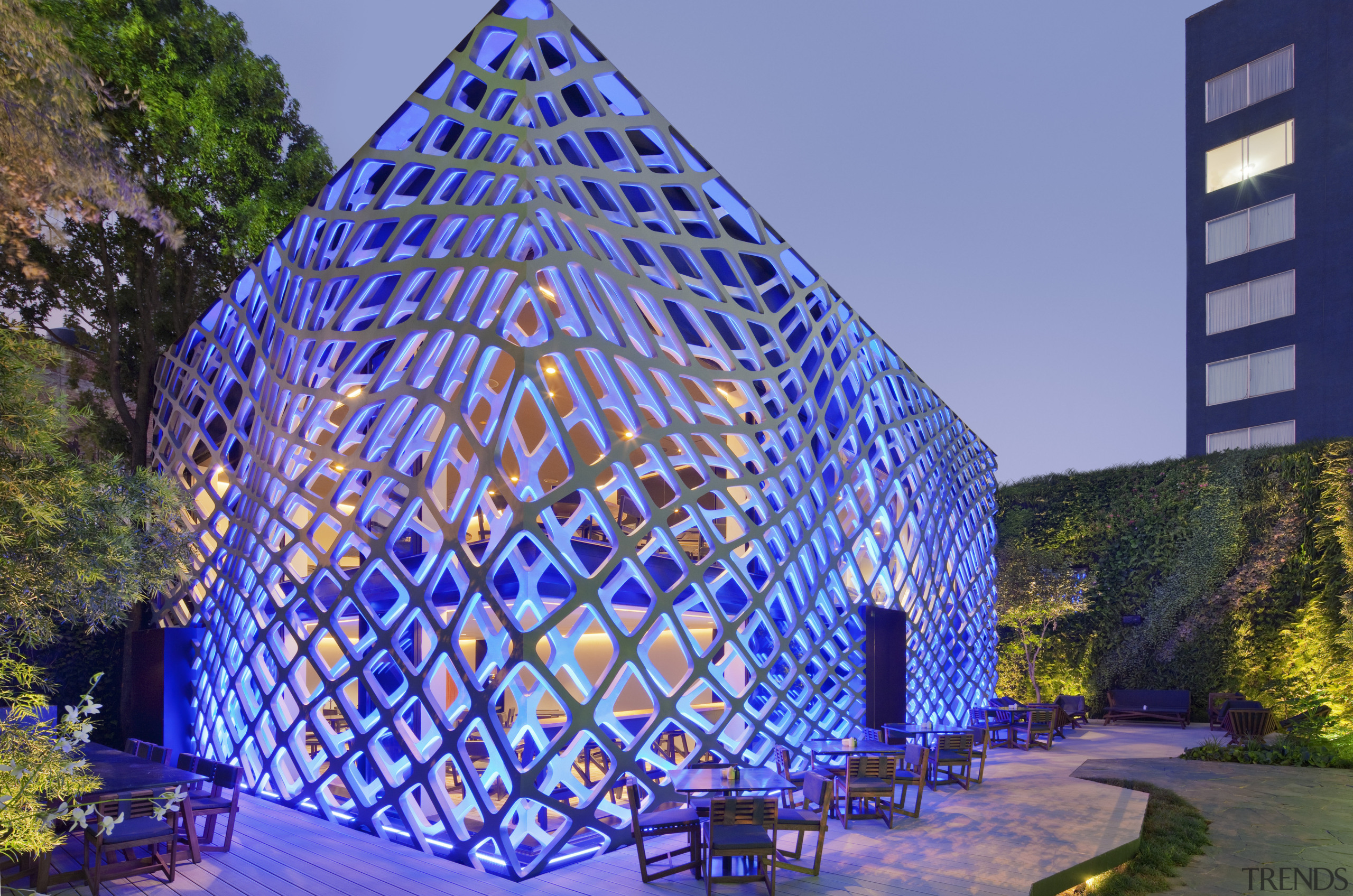 Exterior view of building with lattice pattern and architecture, building, facade, landmark, majorelle blue, metropolitan area, tourist attraction, tree, blue