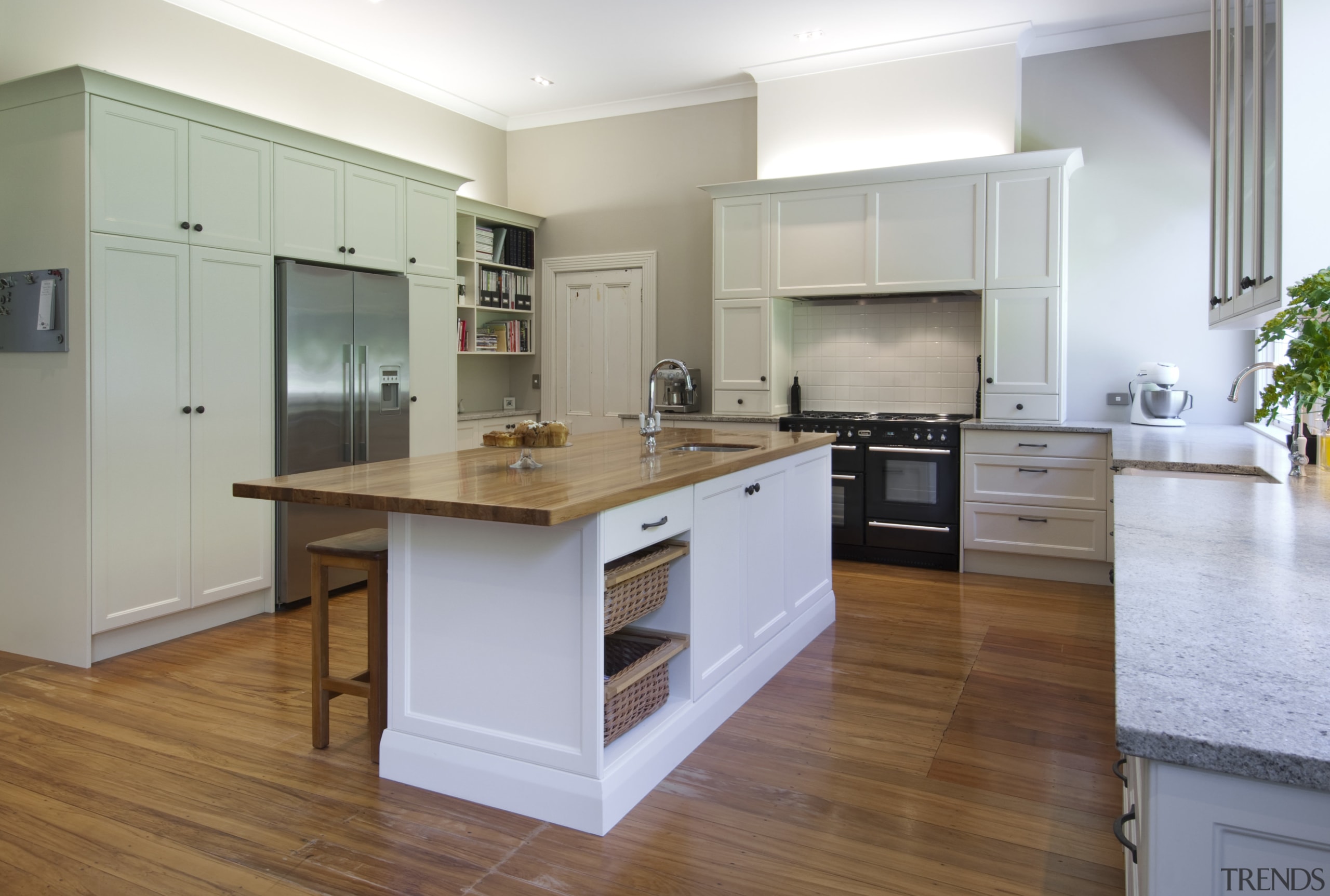 View of contemporary kitchen with wooden flooring and cabinetry, countertop, cuisine classique, floor, flooring, hardwood, interior design, kitchen, laminate flooring, real estate, room, wood, wood flooring, gray