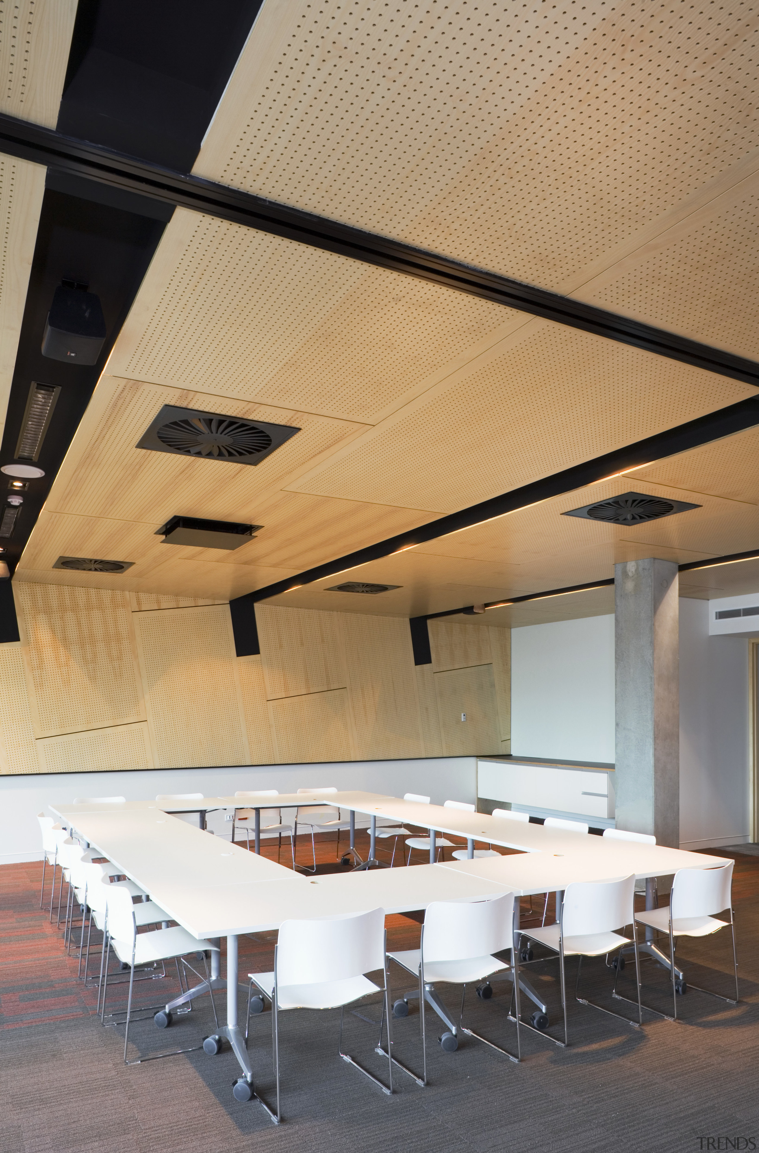 An interior view of the office building  architecture, ceiling, conference hall, daylighting, furniture, interior design, table, orange