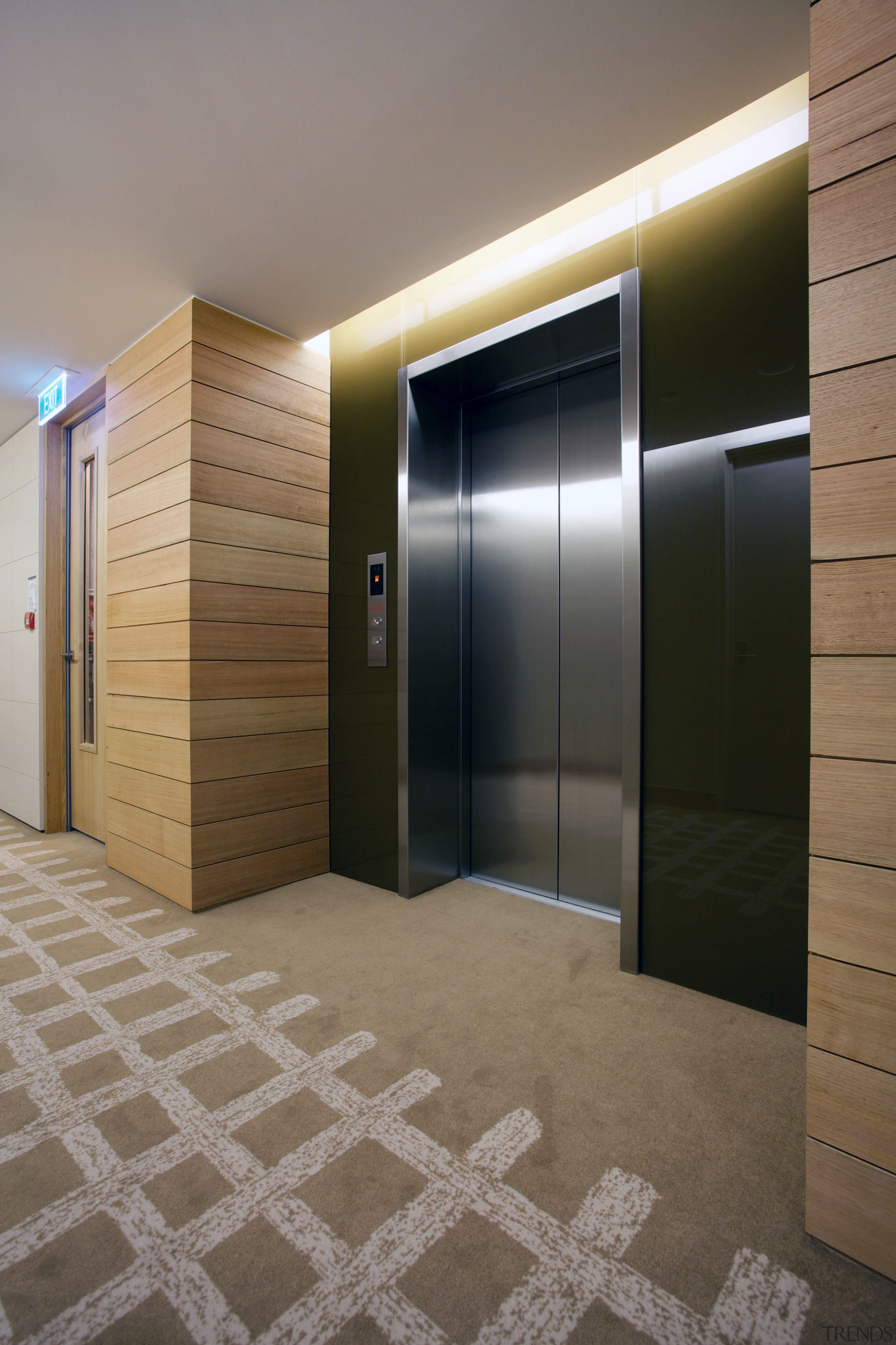 Otis Elevators supplied and maintains nine Otis Gen2 architecture, floor, flooring, interior design, lobby, real estate, brown, gray