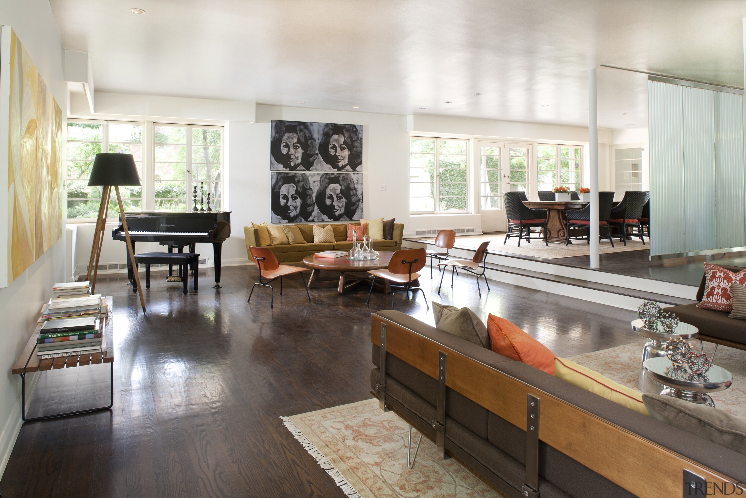 1940s house has been extensively remodeled by furniture, interior design, living room, table, white