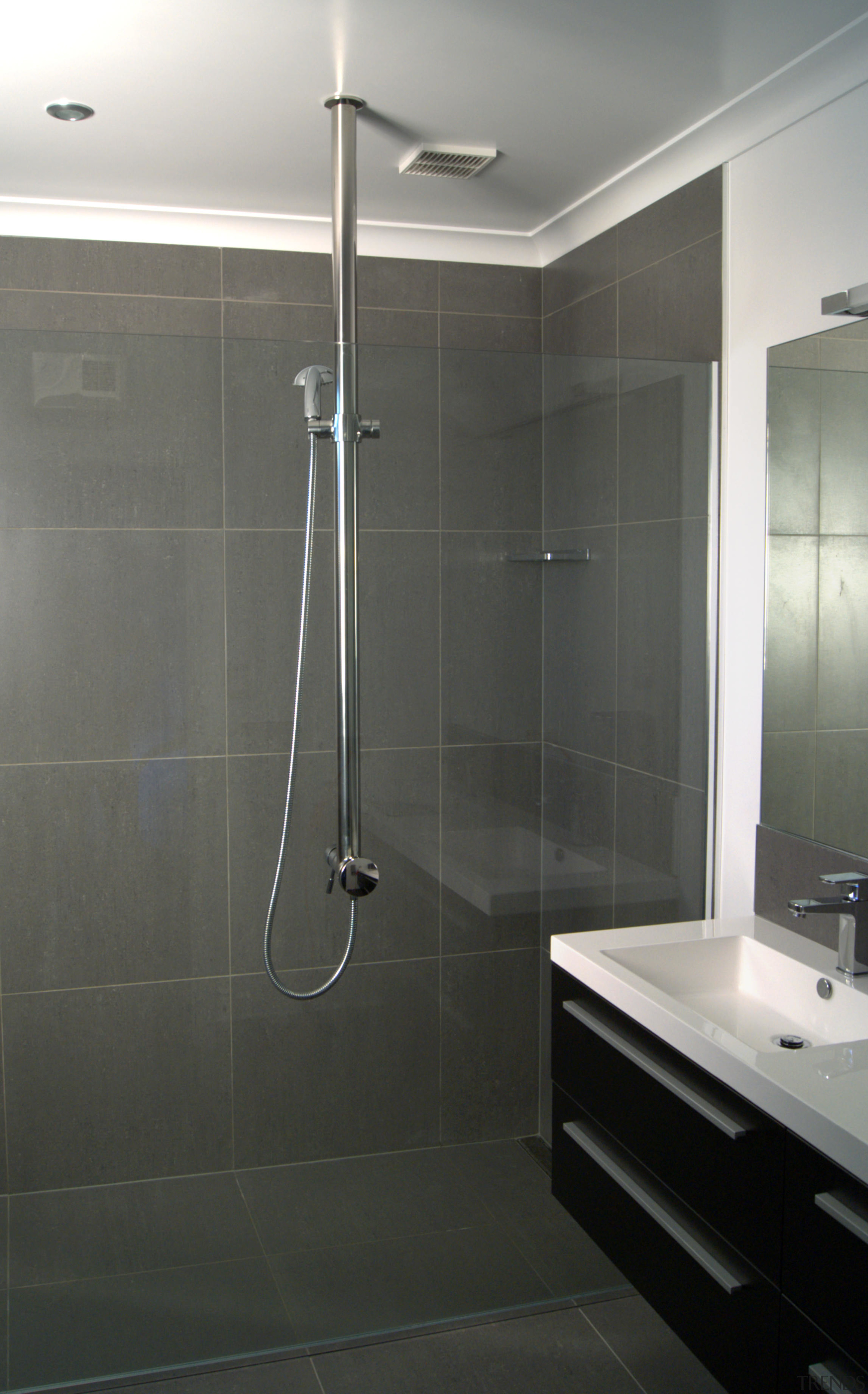 Innovative shower system by Aquapole - Innovative shower bathroom, floor, flooring, glass, interior design, plumbing fixture, room, shower, tap, tile, wall, black, gray