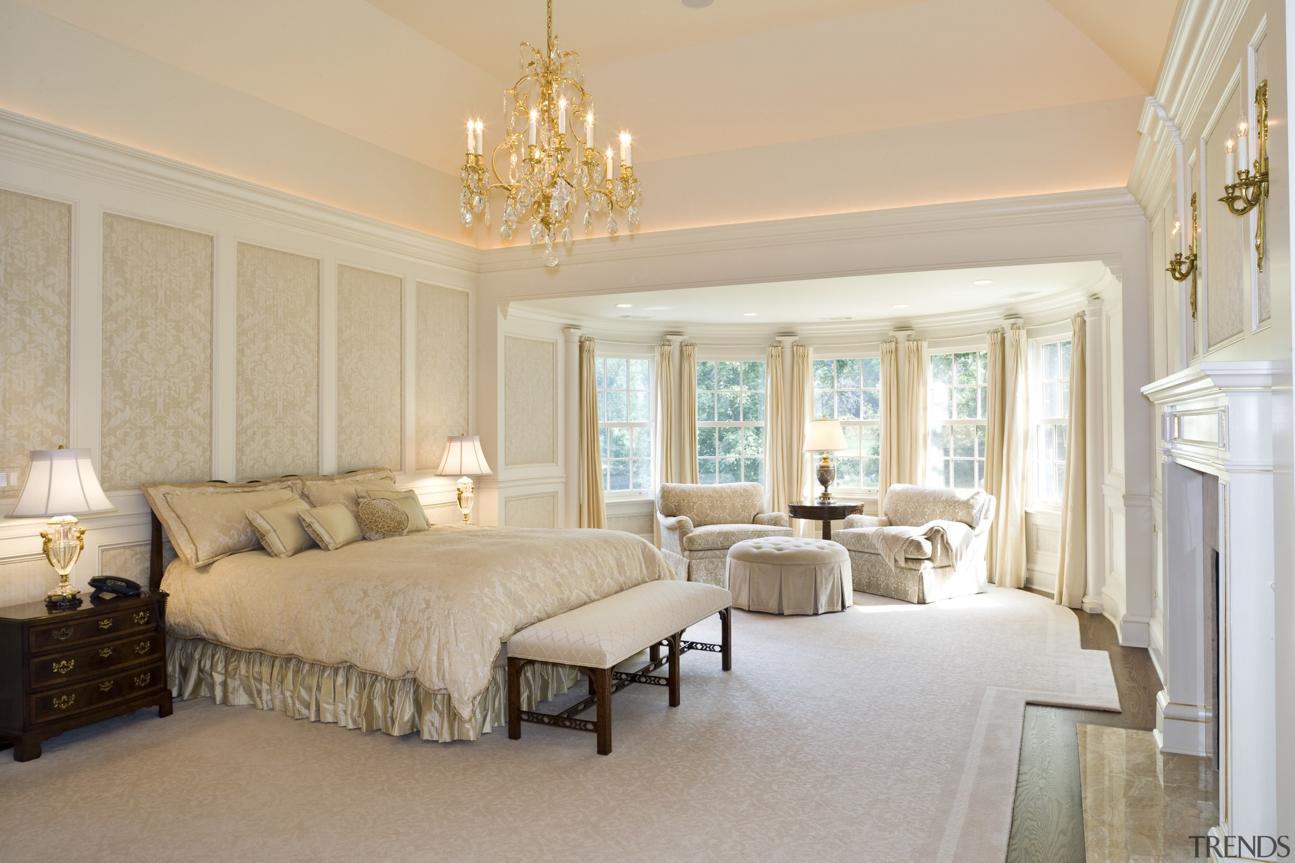 View of the master bedroom with chandelier overhead, bed frame, bedroom, ceiling, estate, floor, home, interior design, living room, property, real estate, room, suite, wall, window, gray, orange