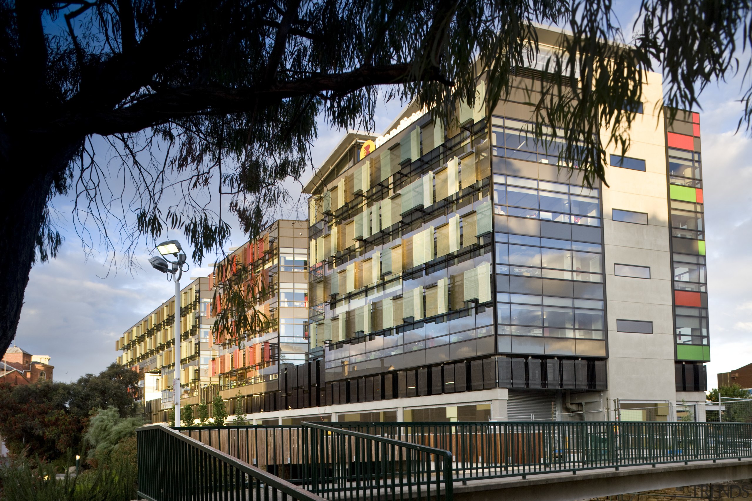 Exterior view of the Bendigo Bank sustainable building apartment, architecture, building, commercial building, condominium, facade, home, house, metropolis, mixed use, neighbourhood, property, real estate, residential area, tower block, black