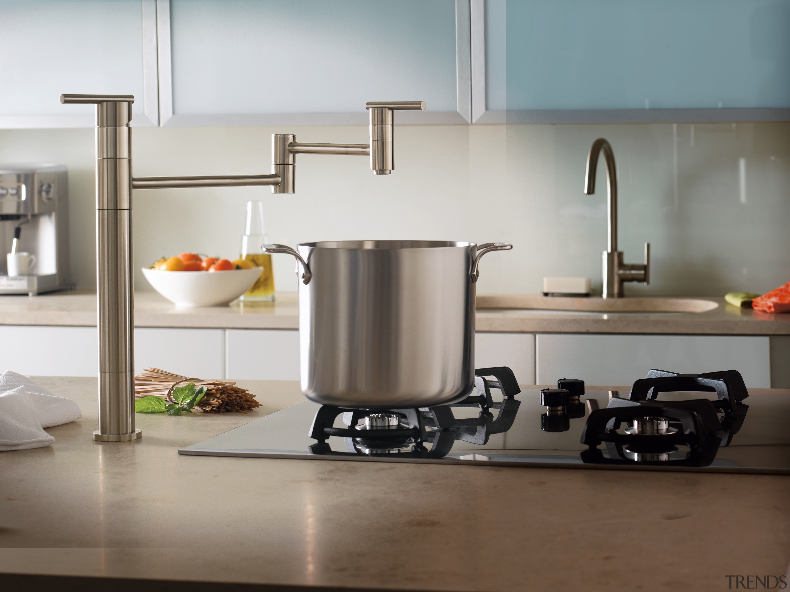 View of a kitchen which features faucets from cookware and bakeware, countertop, home appliance, kitchen, kitchen appliance, product design, sink, small appliance, tap, gray