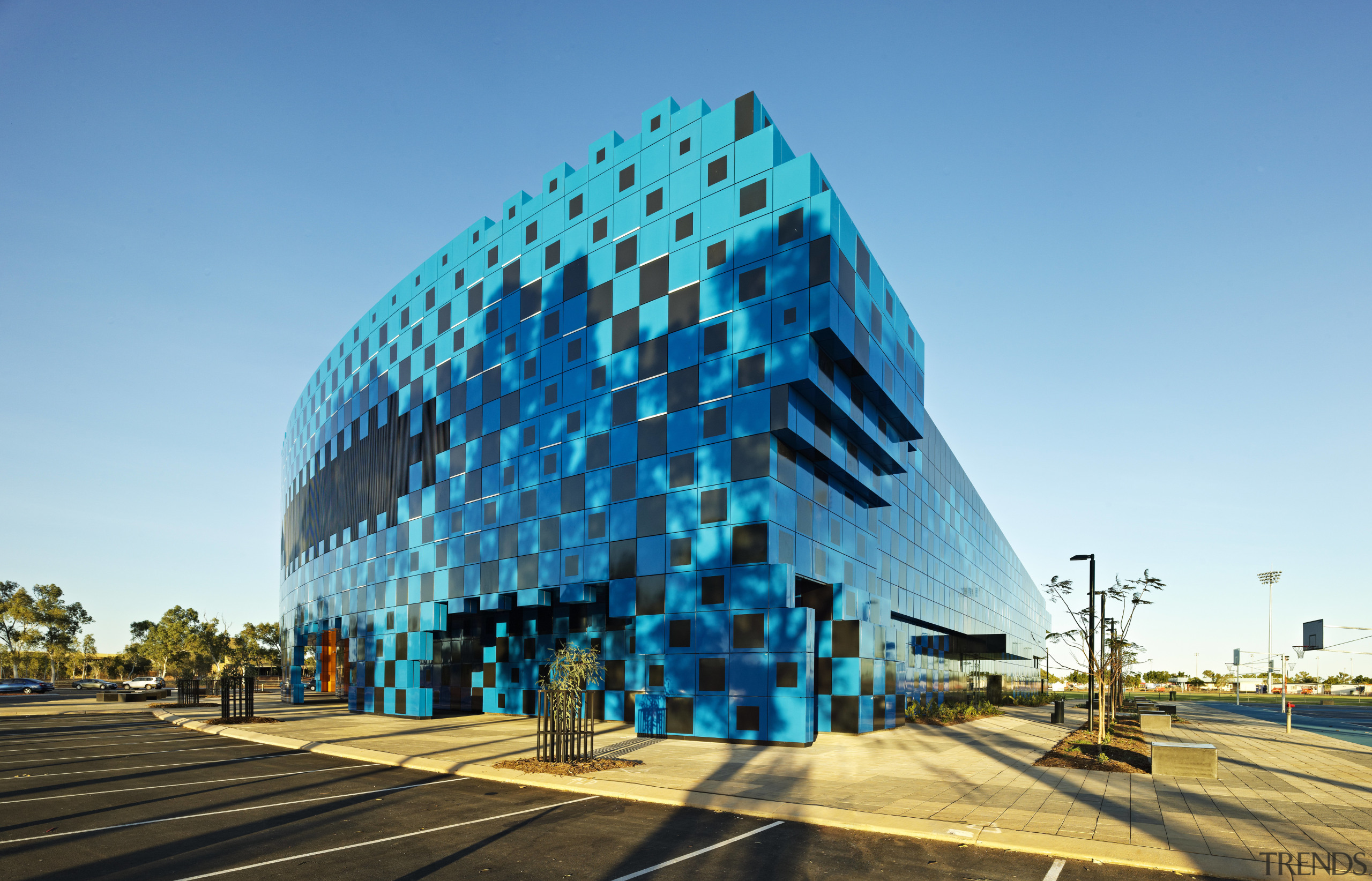 Desert storm  Wanangkura Stadium by ARM Architecture architecture, building, corporate headquarters, daytime, landmark, metropolitan area, sky, structure, teal