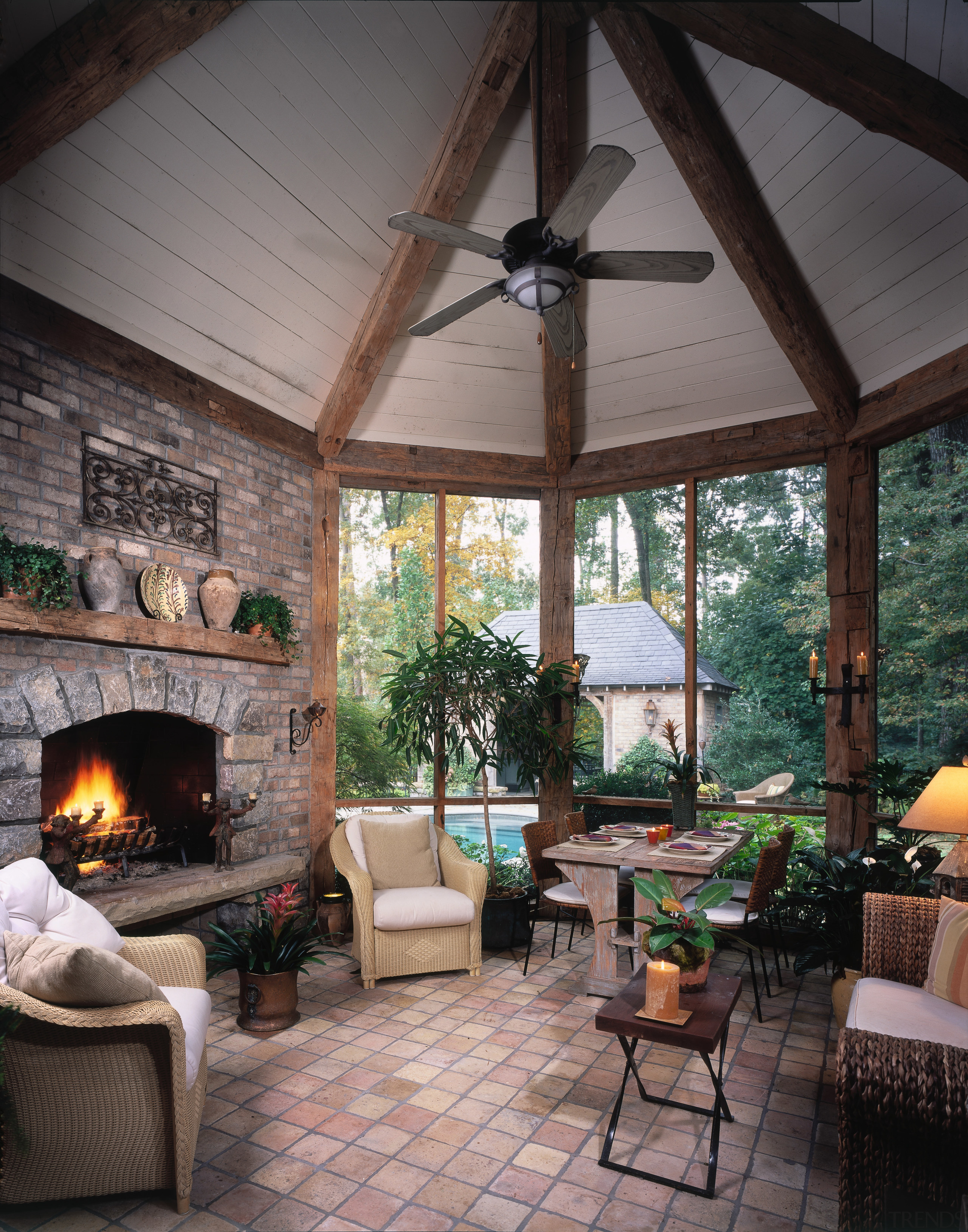 Conservatory room with fireplace, tiled floor and timber backyard, fireplace, hearth, home, interior design, living room, outdoor structure, patio, porch, real estate, black, gray