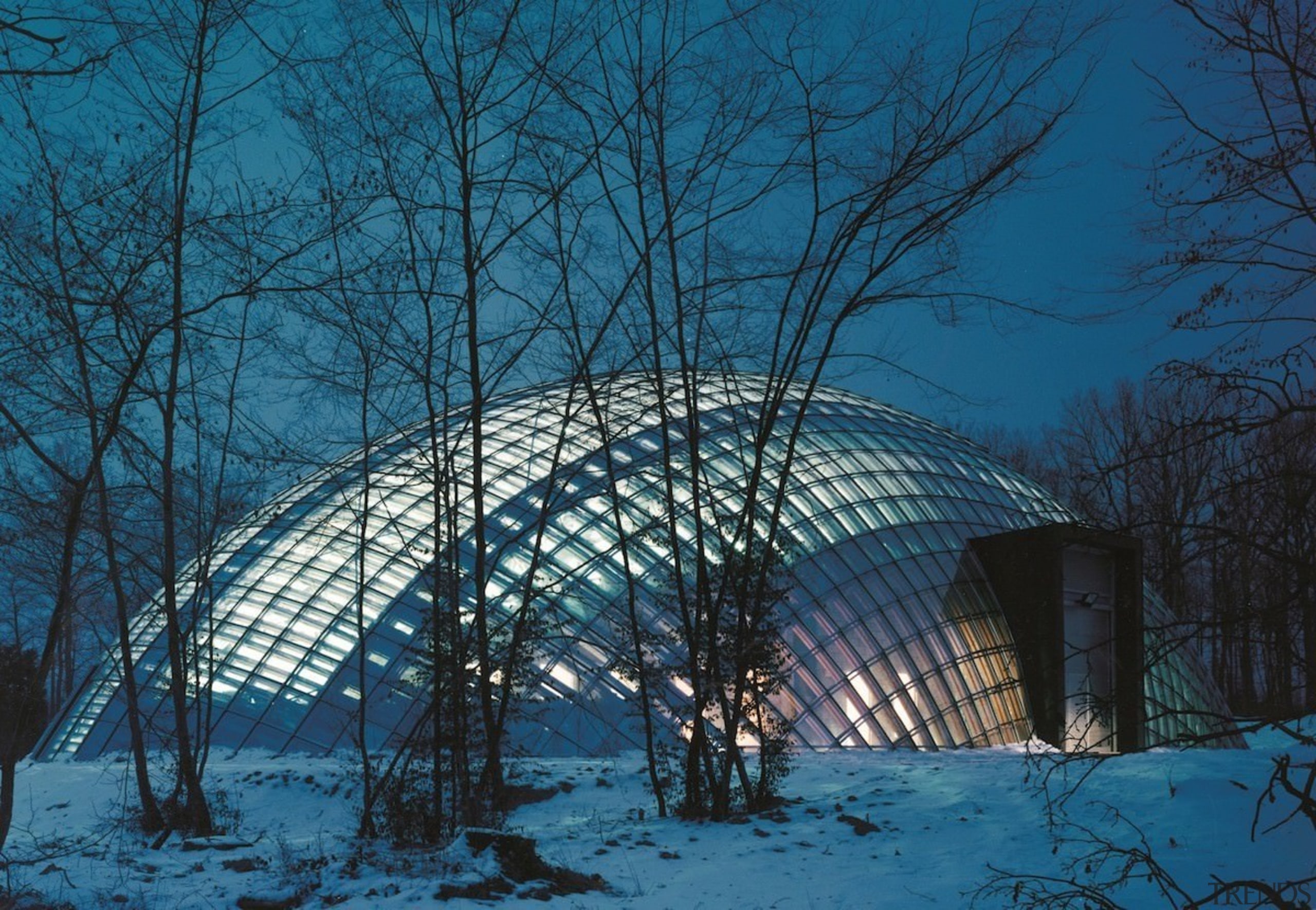 Forestry Branch – Marche-en-Famenne - Forestry Branch – architecture, biome, building, dome, freezing, sky, snow, structure, tree, winter, teal, black, blue