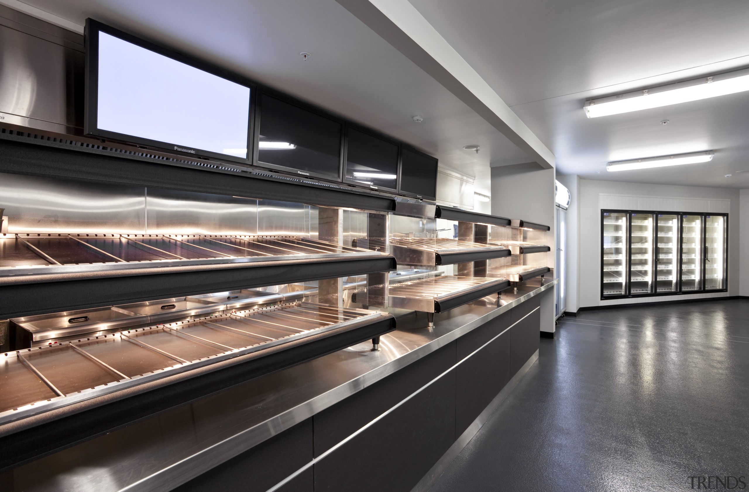 View of the front-of-house of a kitchen at black, gray