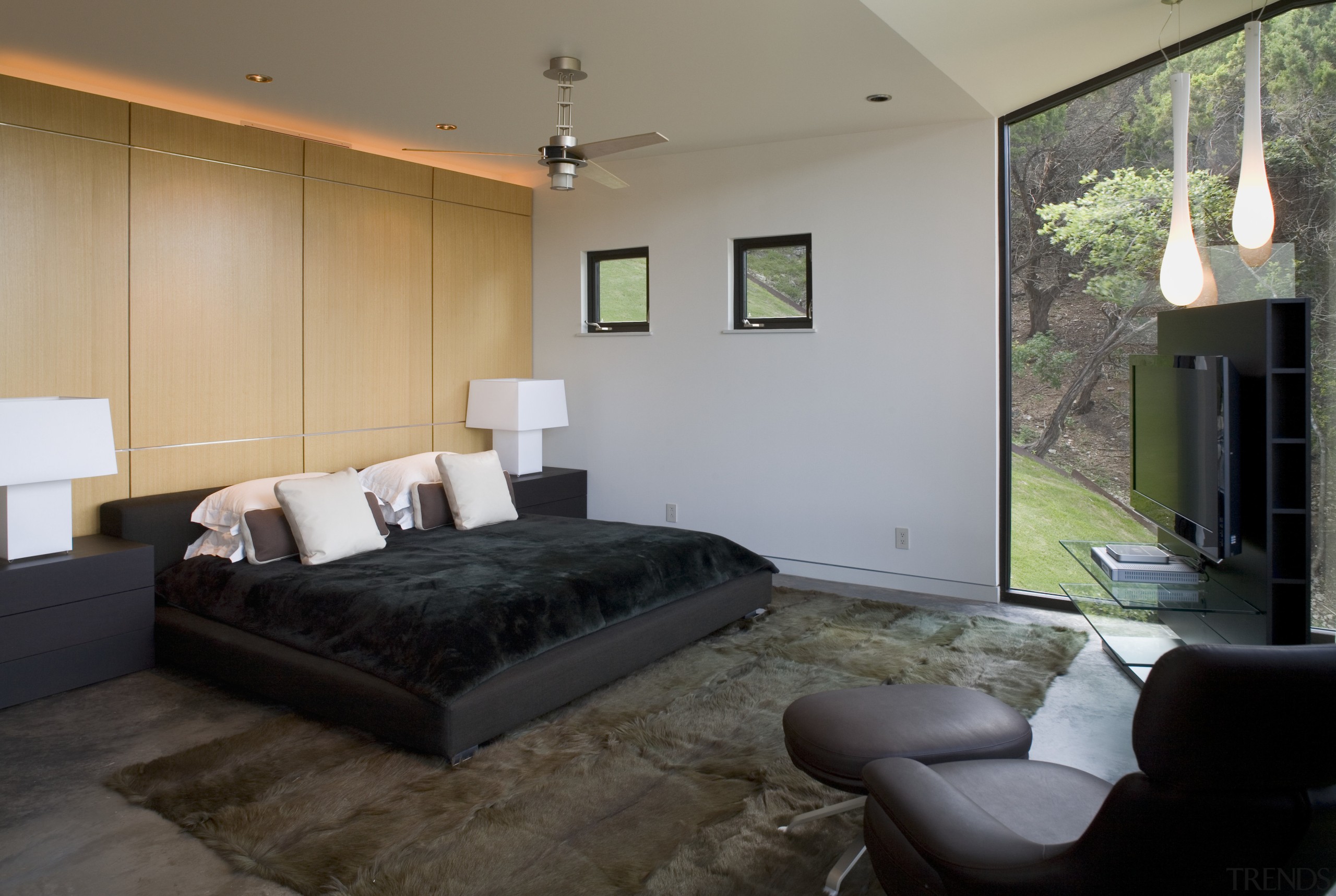 View of master bedroom featuring bed with dark architecture, bed frame, bedroom, ceiling, estate, floor, home, house, interior design, living room, property, real estate, room, wall, window, gray, black