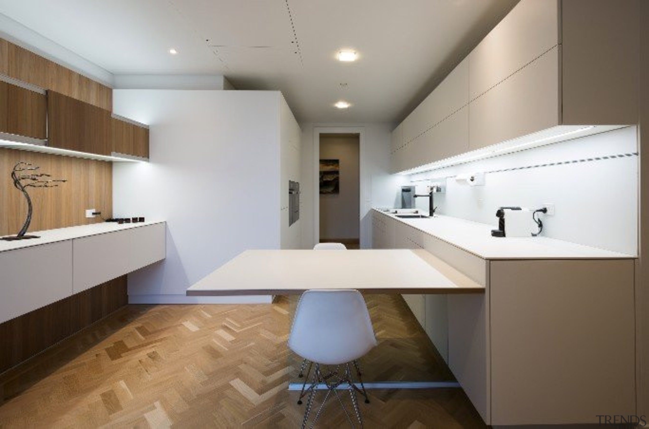Highly Commended in the Category Imported Kitchen - architecture, cabinetry, ceiling, countertop, daylighting, floor, flooring, home, interior design, interior designer, kitchen, product design, real estate, room, sink, gray, brown