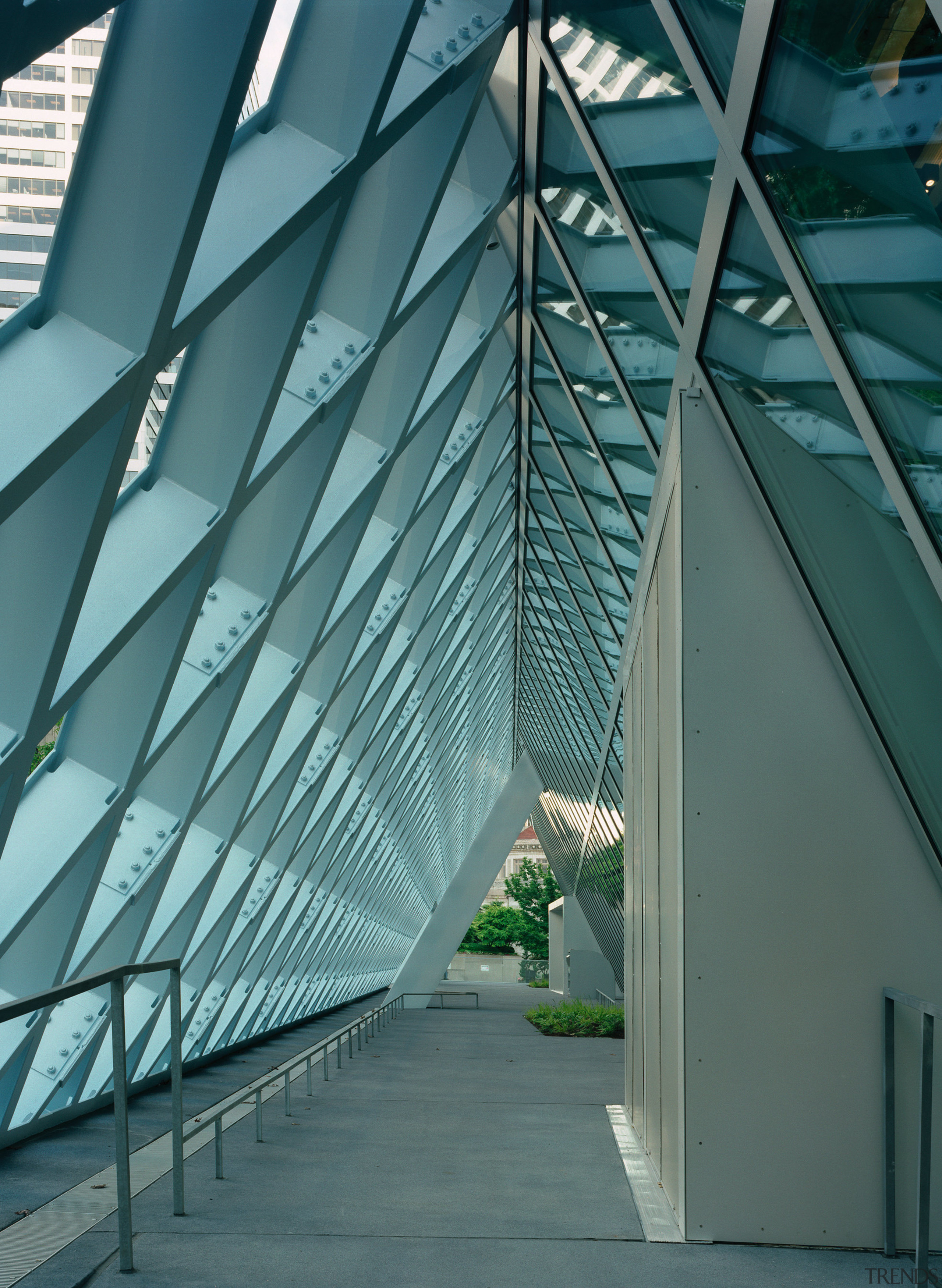 Inside view of the concrete pathway to the architecture, building, daylighting, facade, house, line, roof, sky, structure, teal, gray