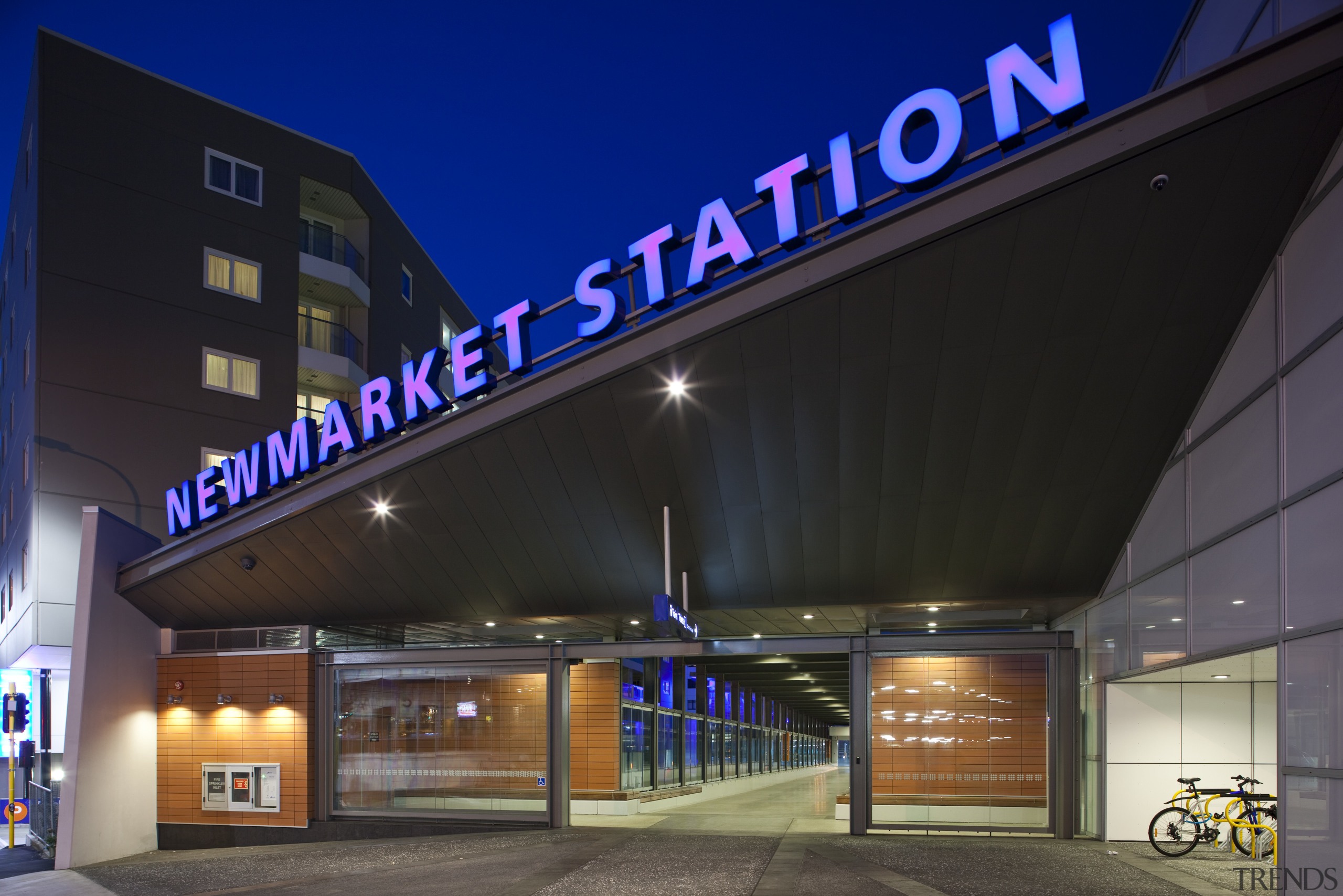 View of the upgraded New Market train station. architecture, building, facade, night, structure, black