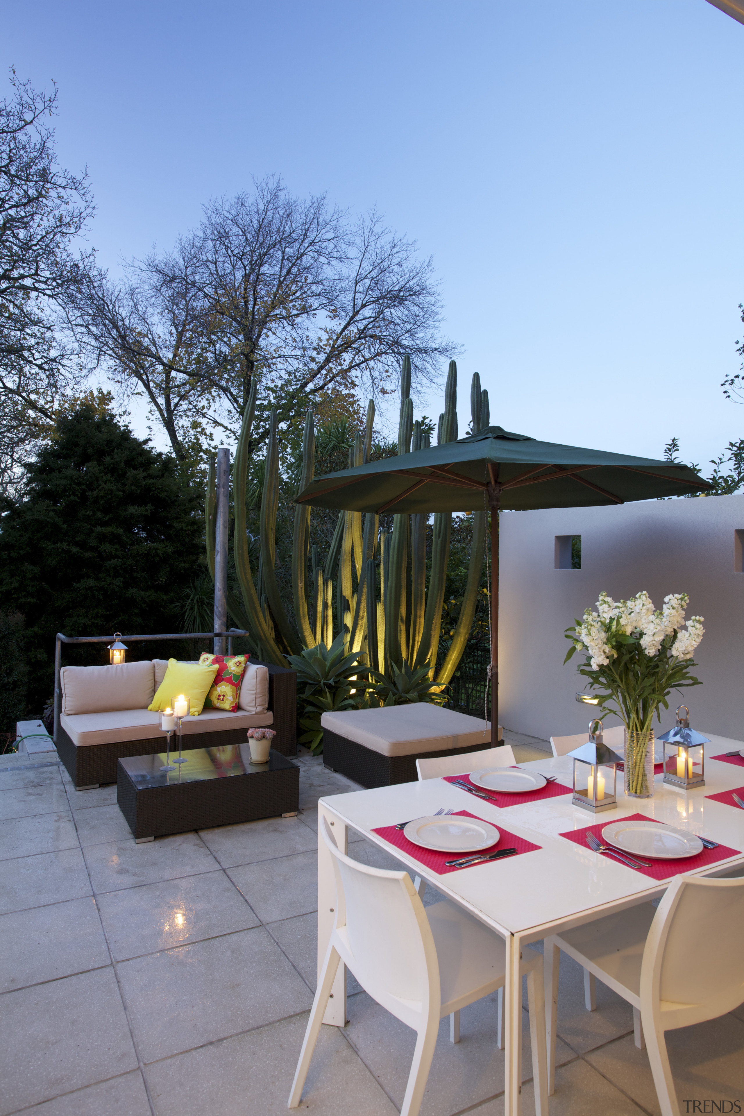 Contemporary outdoor furniture and a neutral colour scheme backyard, furniture, home, house, outdoor structure, patio, plant, real estate, table, teal, gray