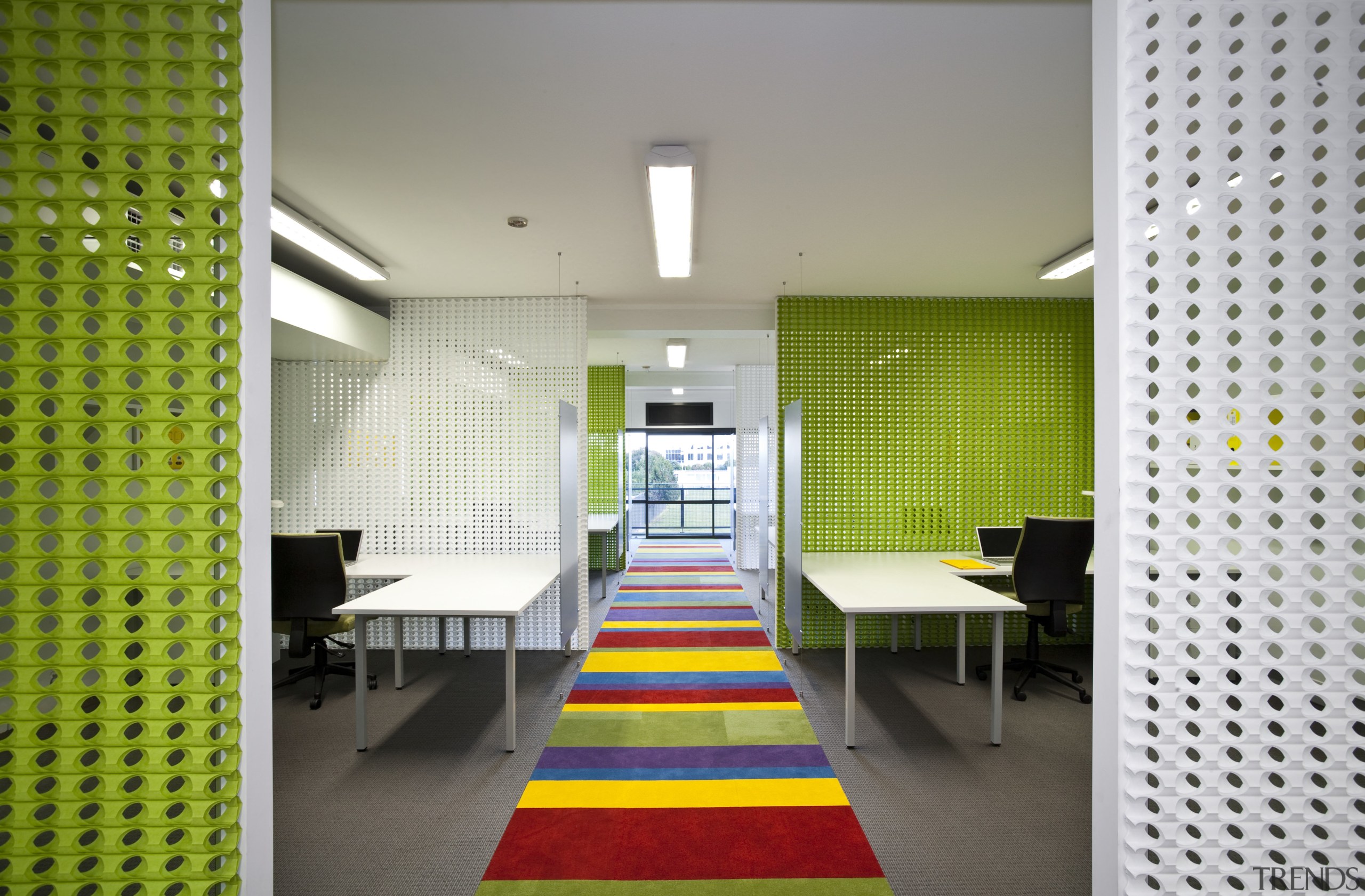 View of the main offices - View of architecture, ceiling, daylighting, floor, flooring, interior design, wall, gray, white