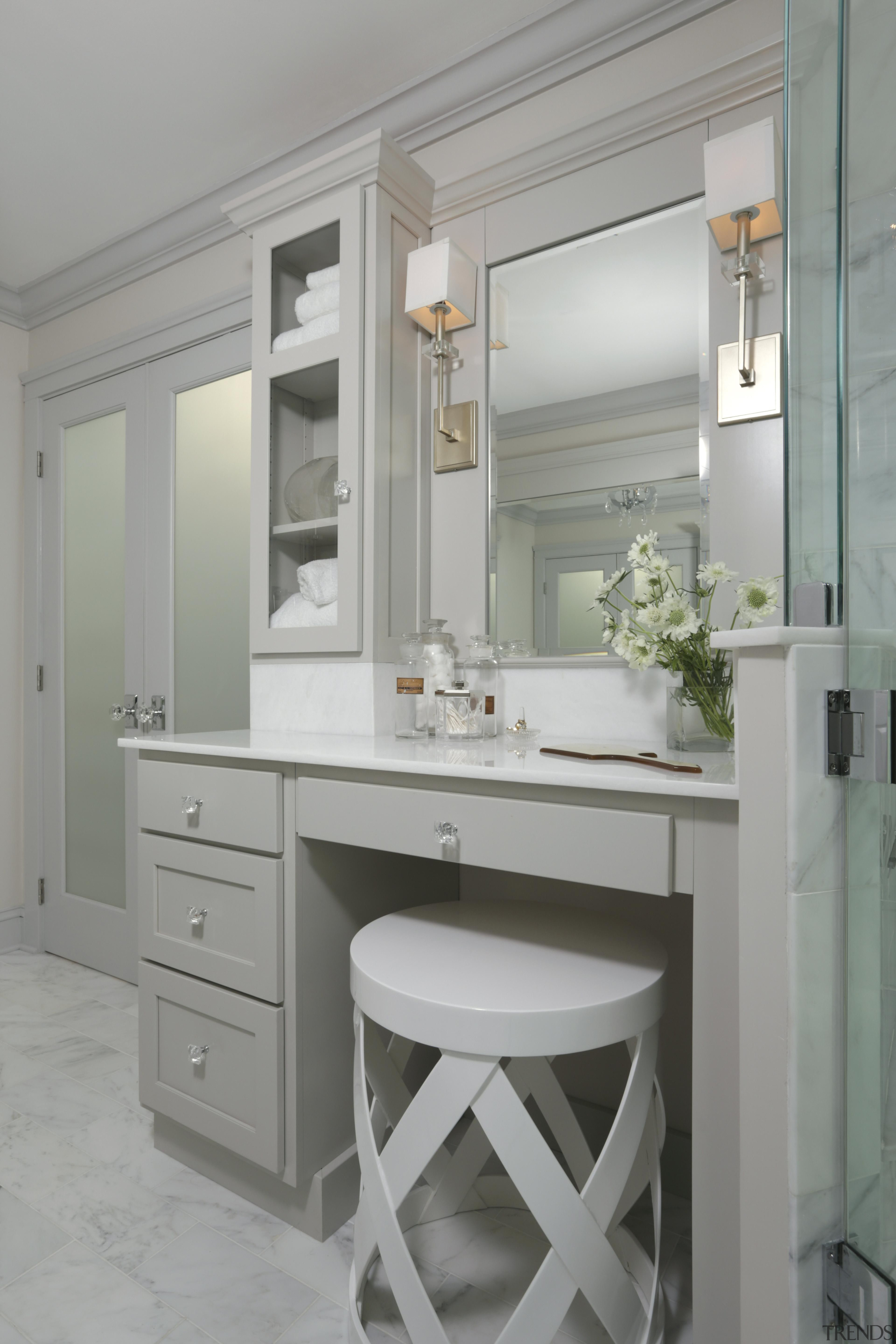 We reconfigured this Master Bathroom to be a bathroom, bathroom accessory, bathroom cabinet, cabinetry, countertop, cuisine classique, floor, home, interior design, room, sink, gray