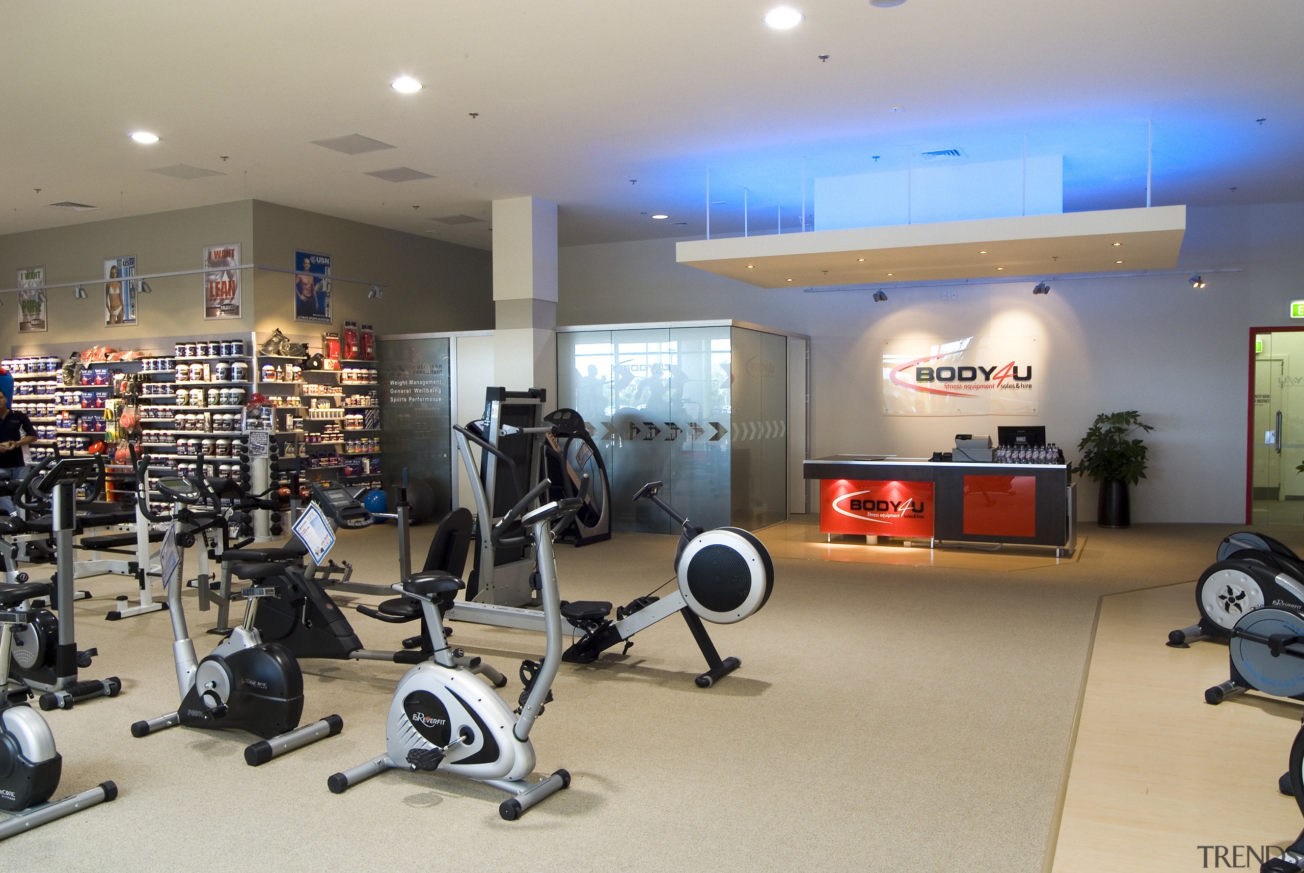 A view of a fitness store at Sylvia gym, real estate, room, sport venue, structure, gray