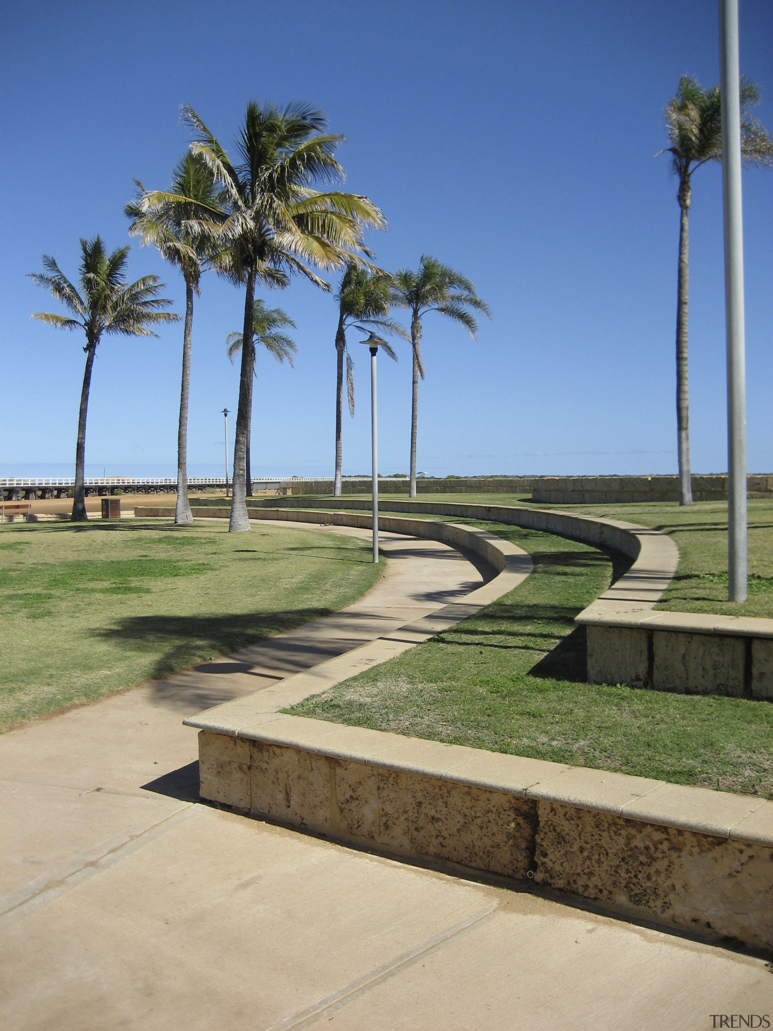 View of the Carnarvon doreshore in Gascoyne which arecales, grass, landscape, lawn, palm tree, plant, sky, tree, walkway