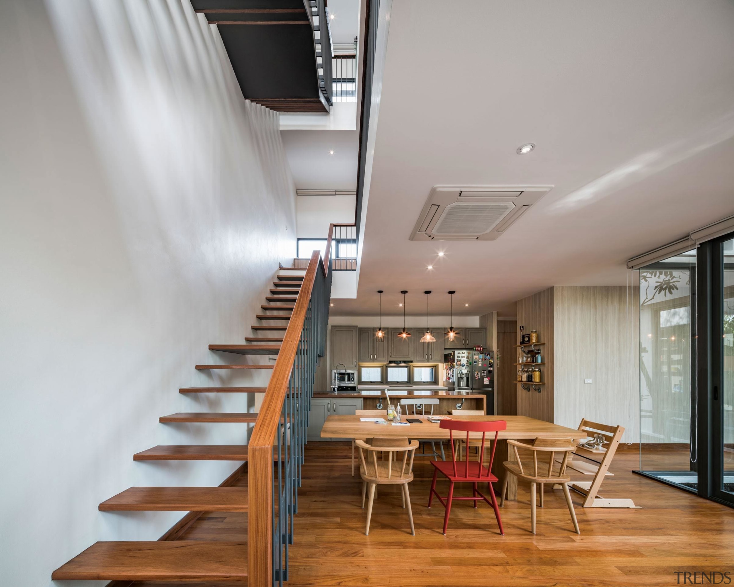 A unique staircase design connects the two floors architecture, ceiling, daylighting, interior design, loft, stairs, gray