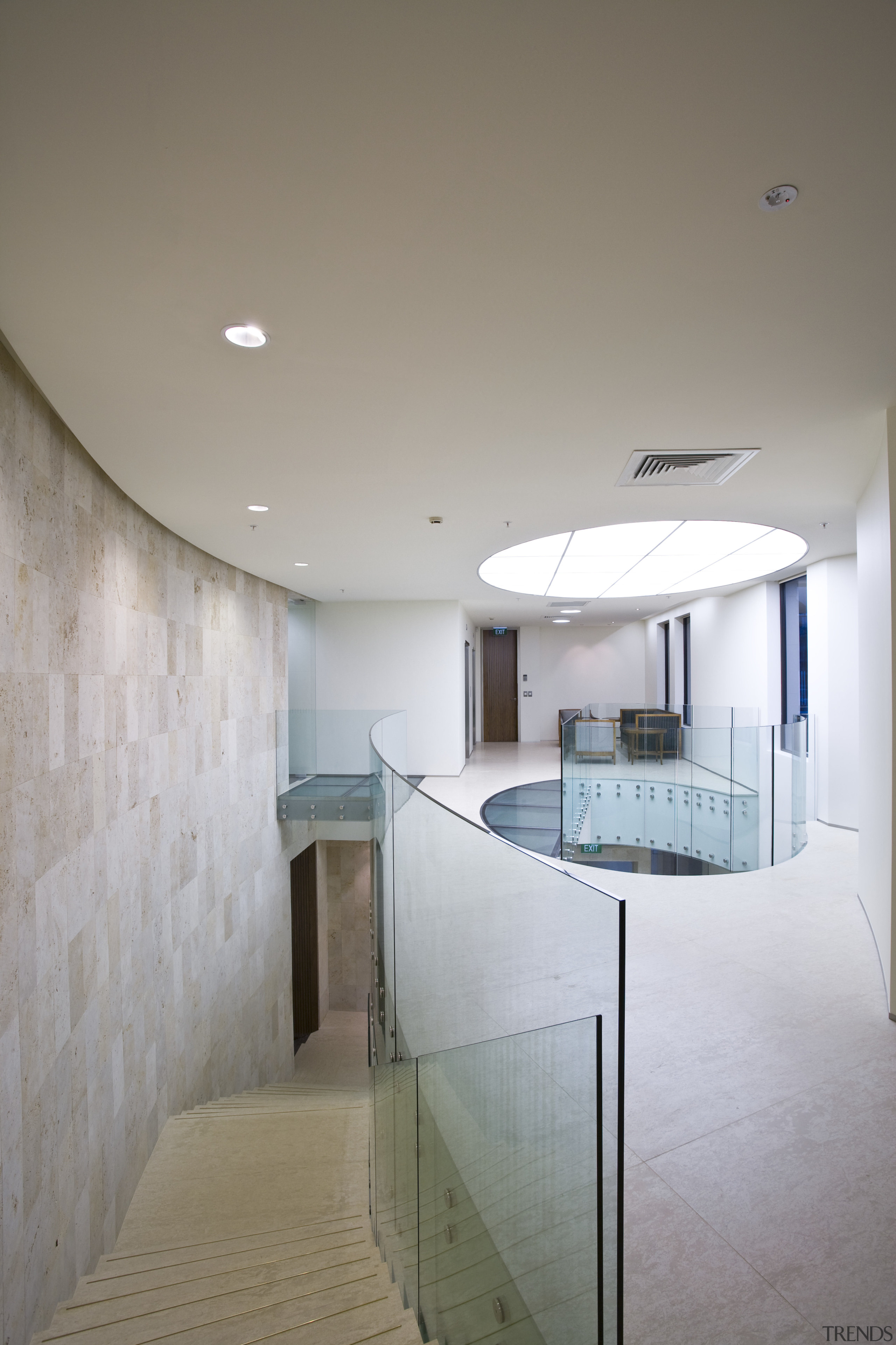 View of a stairway and balcony which features apartment, architecture, ceiling, daylighting, home, house, interior design, real estate, gray