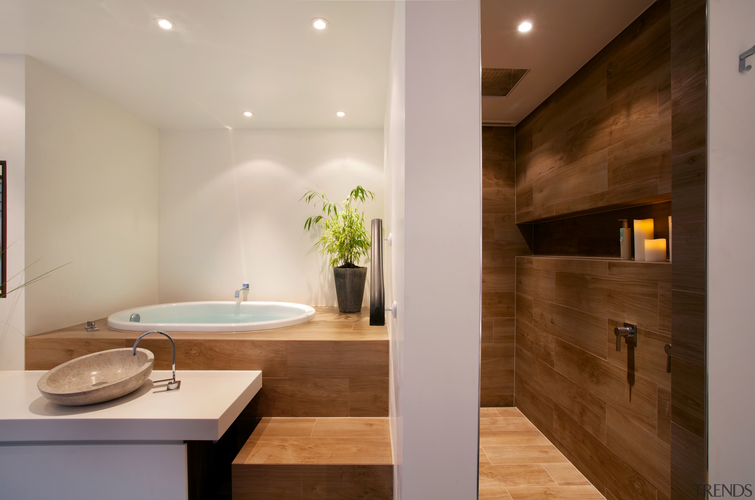 This master bathroom by Leonie von Sturmer features architecture, bathroom, ceiling, countertop, floor, home, interior design, property, real estate, room, sink, gray, brown