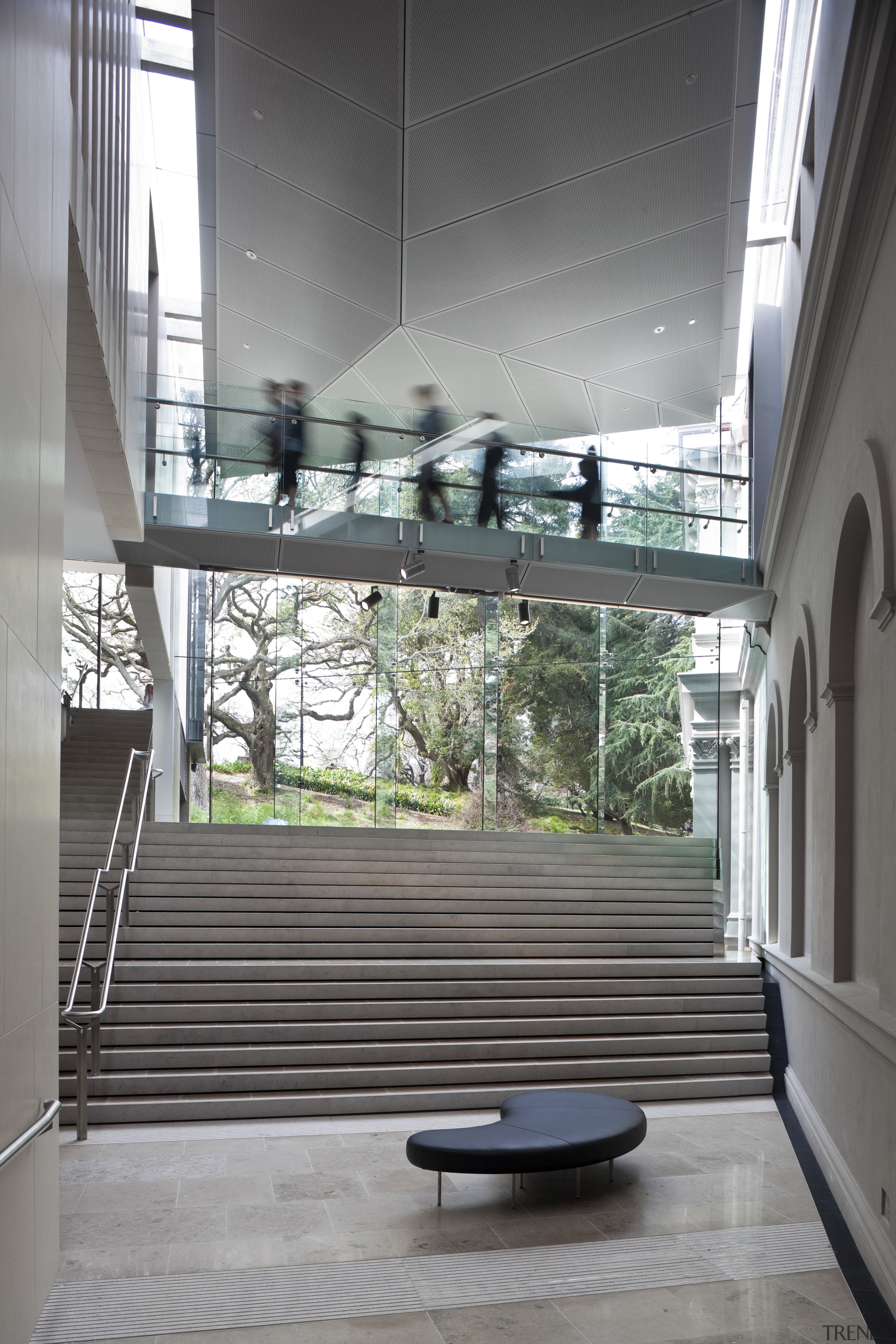 Here is a view of the Auckland Art architecture, daylighting, floor, glass, handrail, home, house, interior design, stairs, window, gray