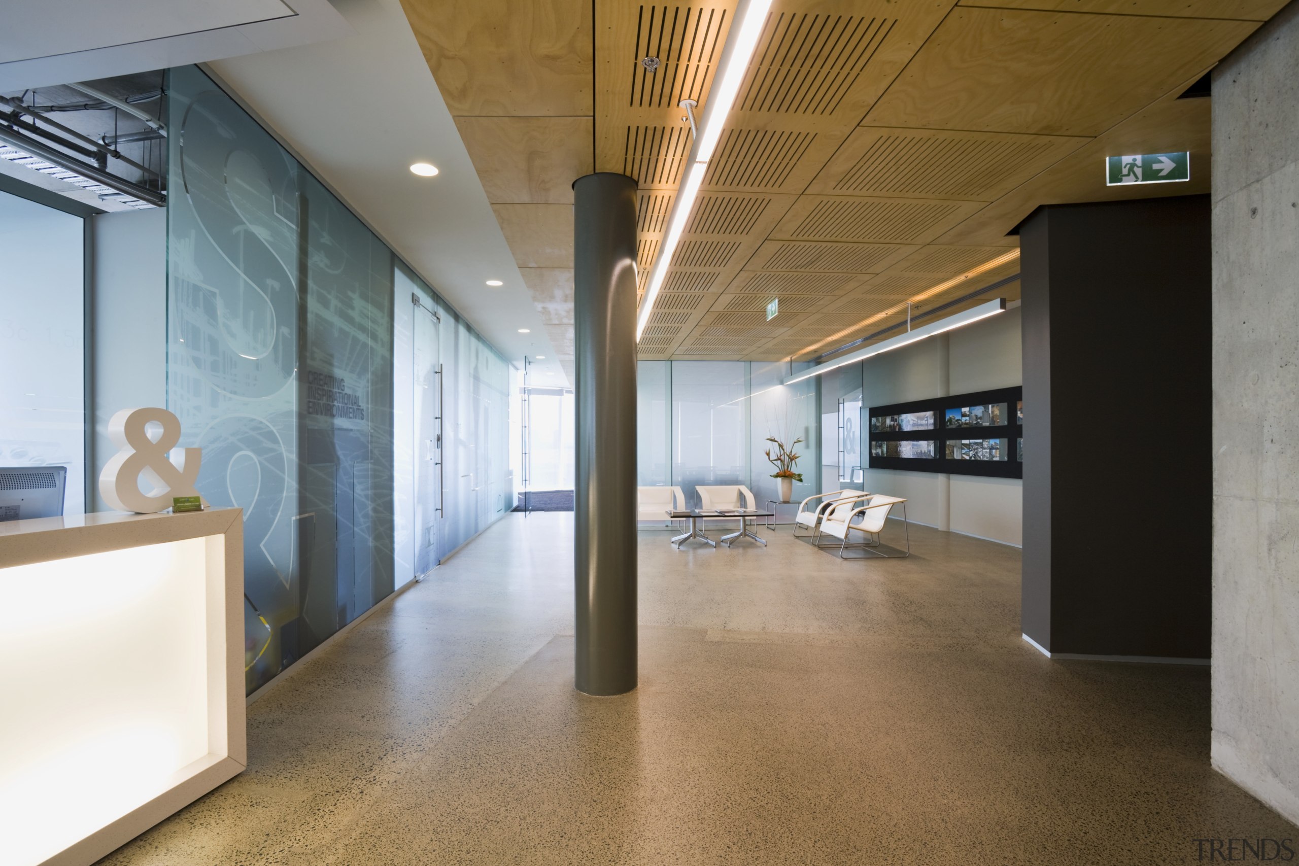 Image of  fit-out in Stephenson &amp; Turner architecture, ceiling, daylighting, floor, flooring, interior design, lobby, office, real estate, brown
