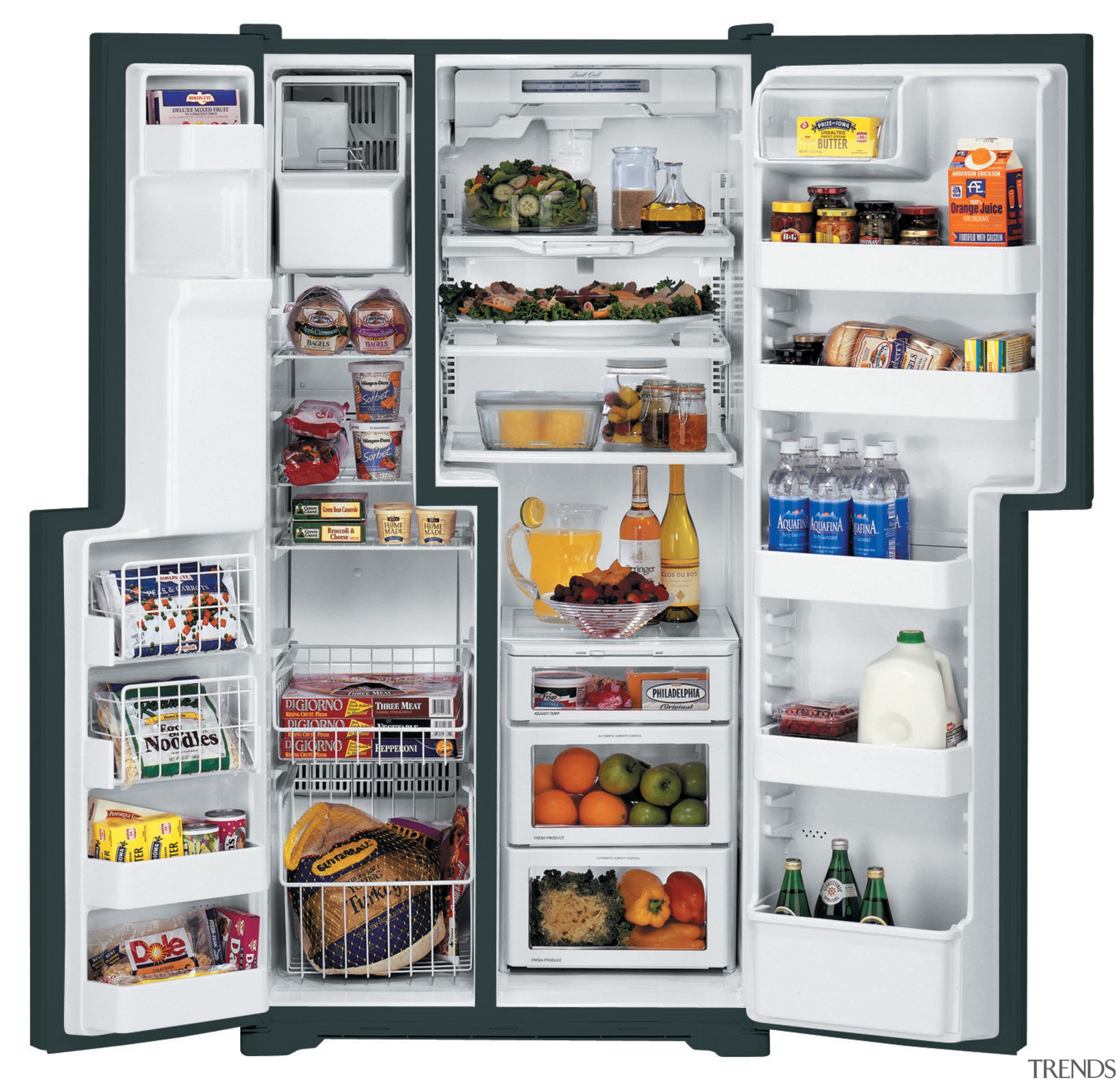 Side by side fridge freezer with open doors, home appliance, kitchen appliance, major appliance, product, refrigerator, white