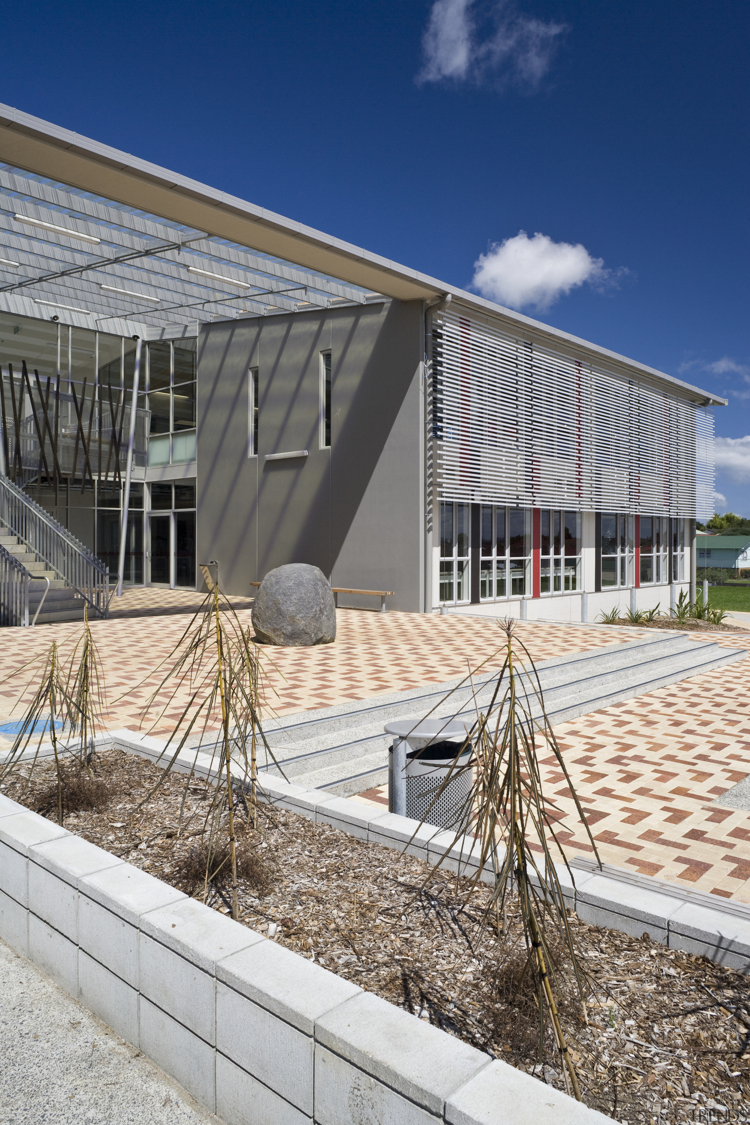 Exterior view of Tupuranga school which was designed architecture, facade, home, house, real estate, structure, window, white, gray