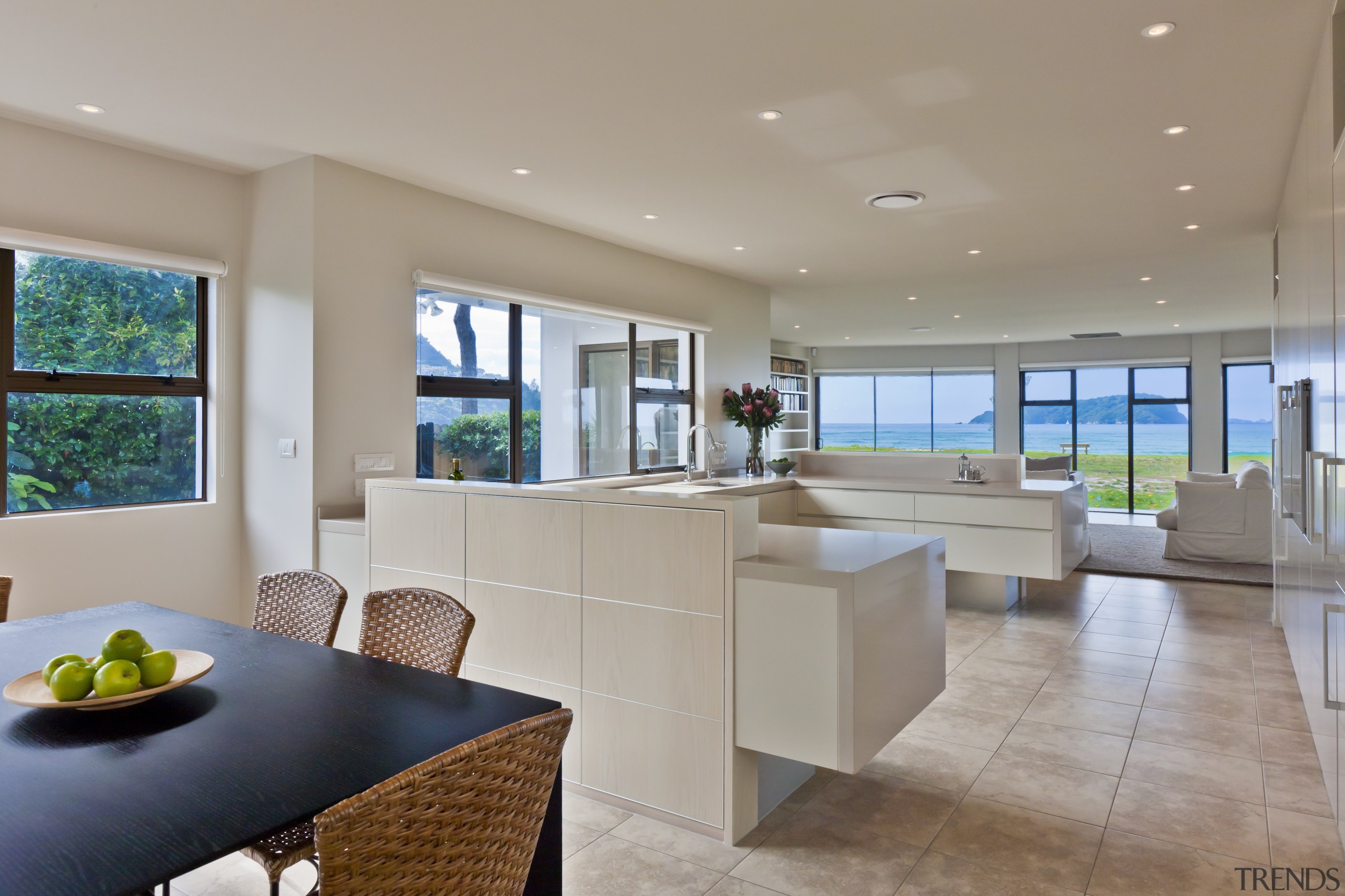 View of contemporary open plan room with light apartment, architecture, ceiling, estate, home, house, interior design, living room, penthouse apartment, property, real estate, window, gray