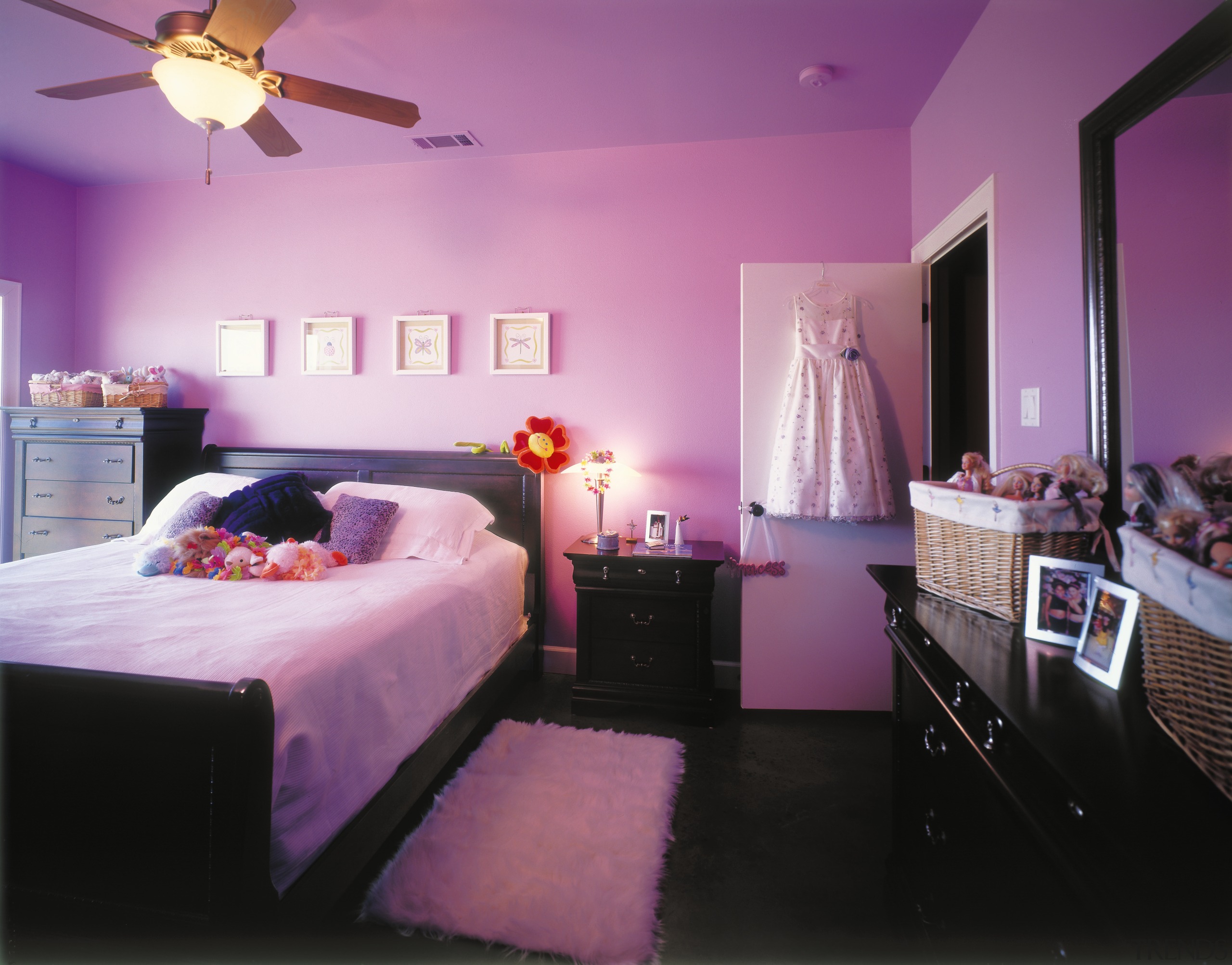 A view of a bathroom designed by CG&amp;S bed, bed frame, bed sheet, bedroom, ceiling, furniture, home, interior design, pink, purple, room, suite, wall, purple, black