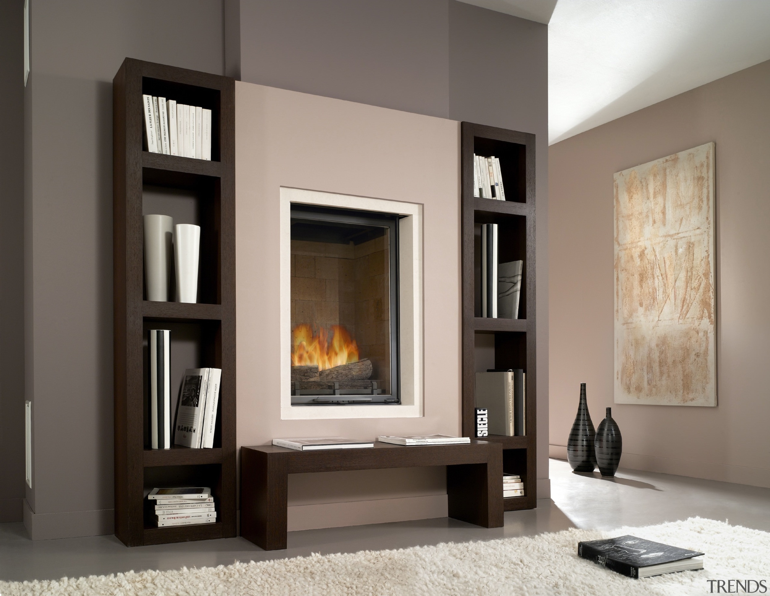View of heat-efficient fireplace with cherry blossom surround fireplace, furniture, hearth, home appliance, interior design, living room, shelving, wood burning stove, gray, black