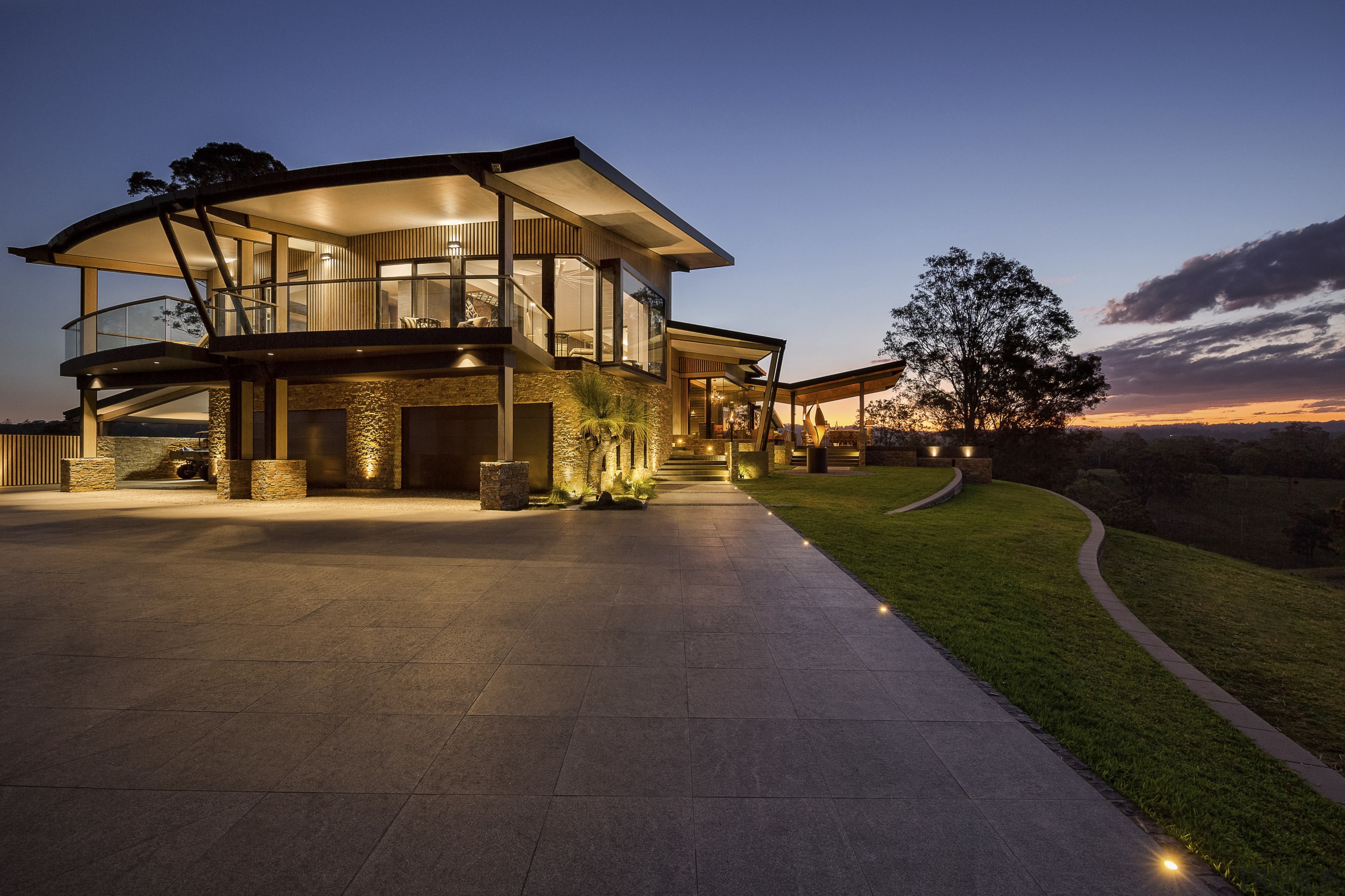 At the master bedroom and garage wing-end of architecture, building, cloud, cottage, dusk, estate, evening, facade, home, house, landscape, lighting, morning, property, real estate, reflection, residential area, sky, sunlight, black