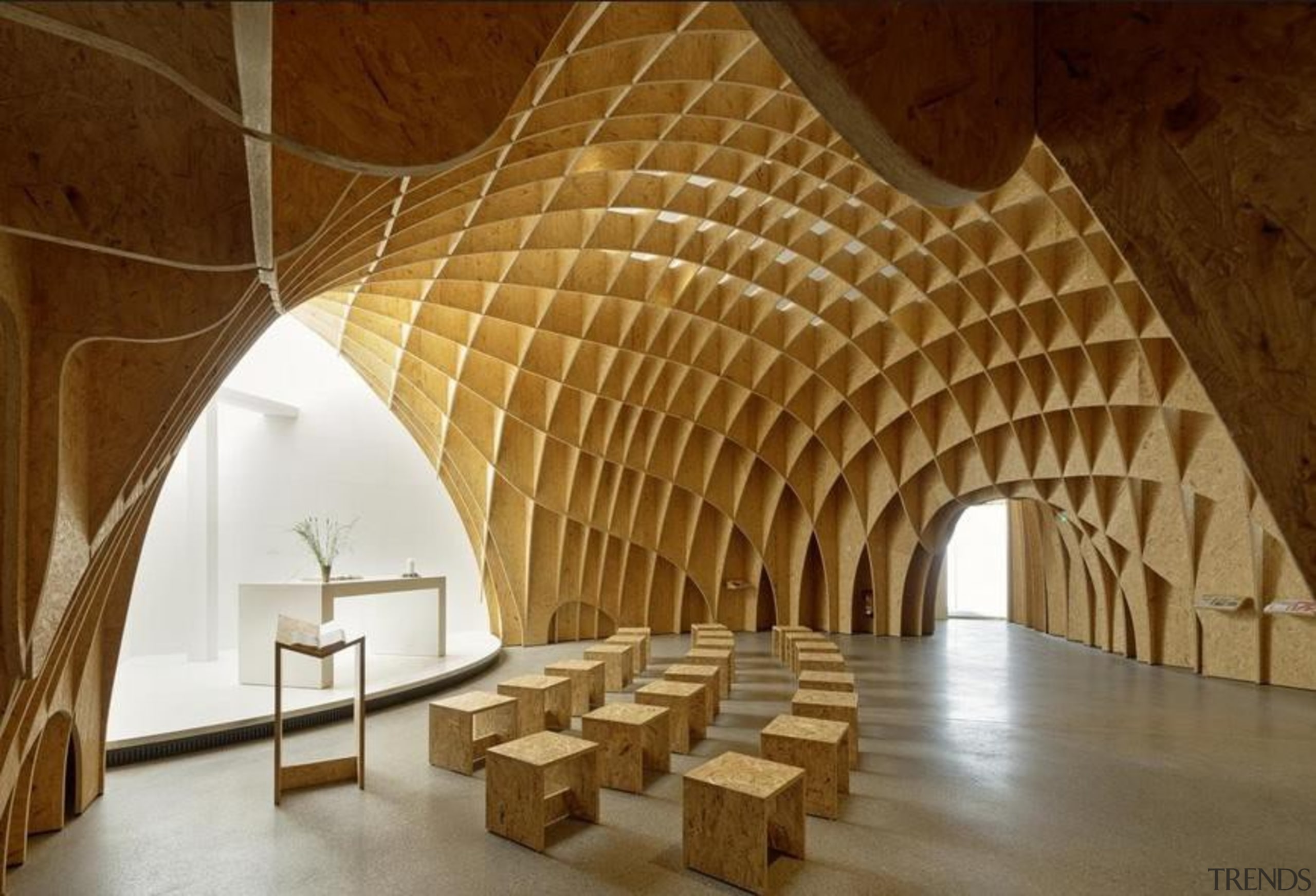 From the outside, a stylised white silhouette of arch, architecture, interior design, brown