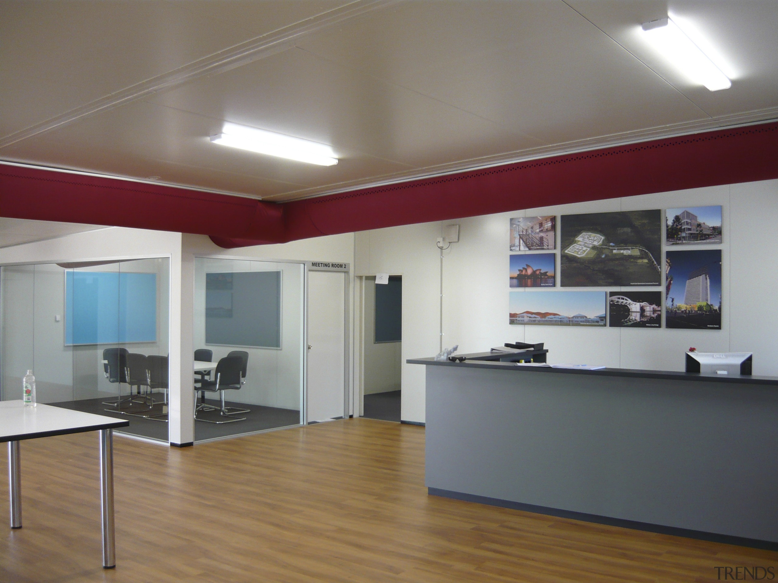 Interior view of offices which features custom-manufactured DuctSox ceiling, floor, flooring, interior design, office, real estate, wall, gray