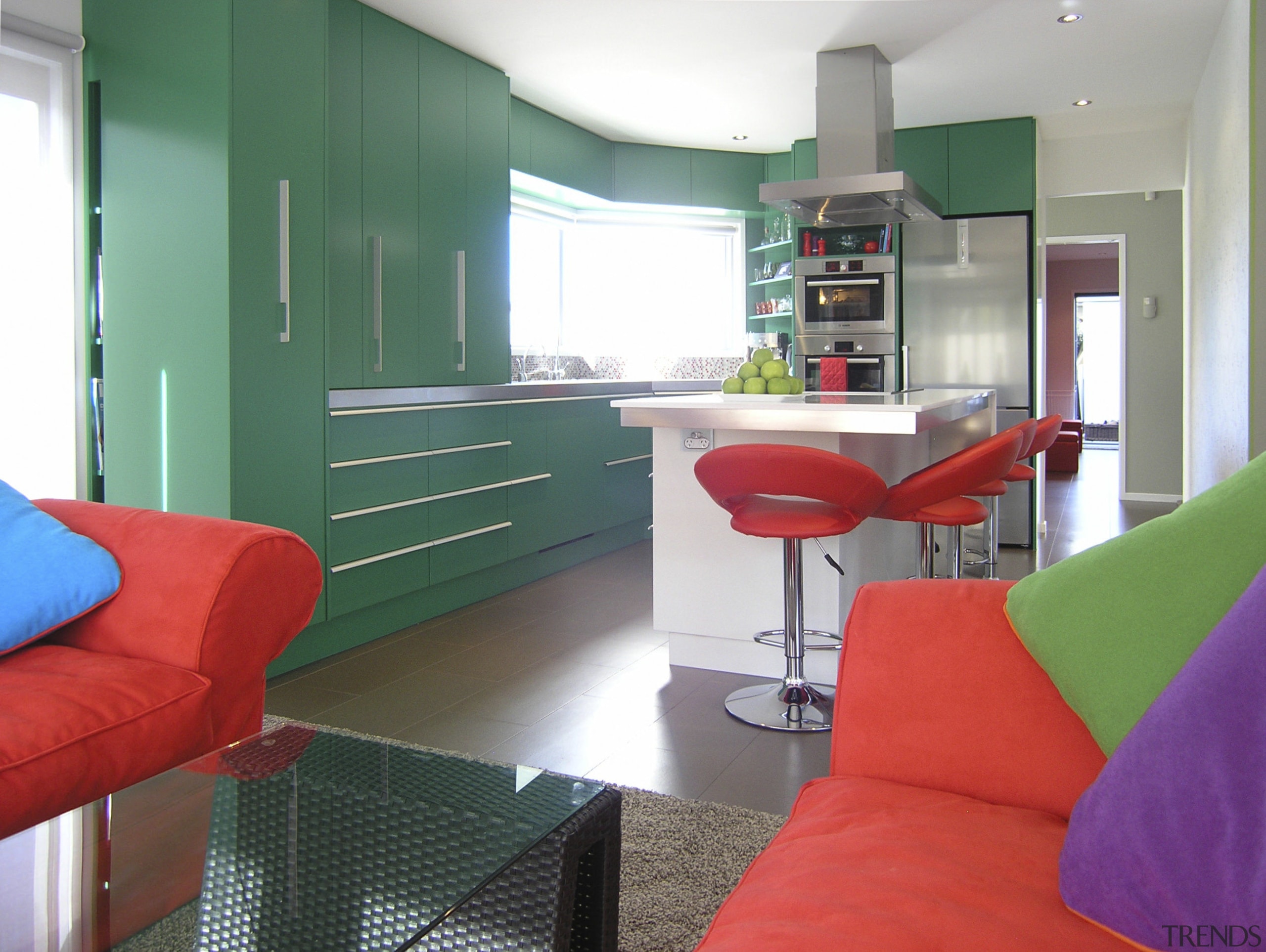 Green and red kitchen. - Green and red architecture, furniture, home, house, interior design, living room, real estate, room, table, white