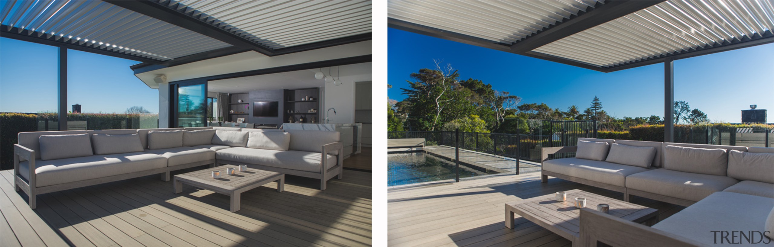 The outdoor deck area is covered by a 