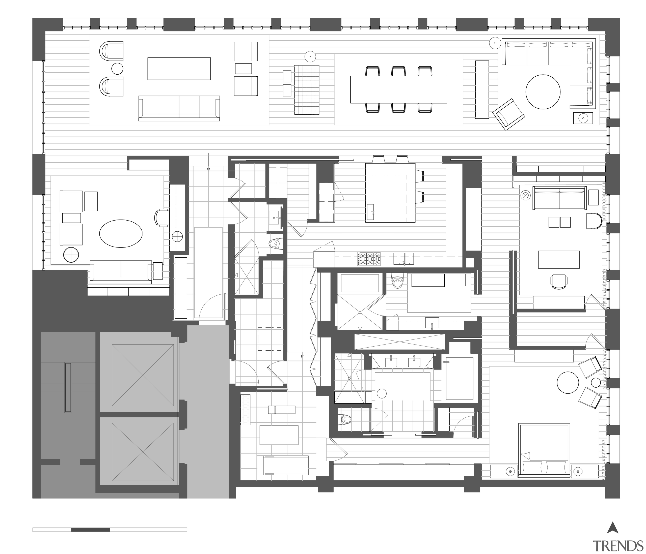 View of this contemporary apartment that has been architecture, area, black and white, design, drawing, elevation, facade, floor plan, home, line, plan, product, product design, schematic, structure, white