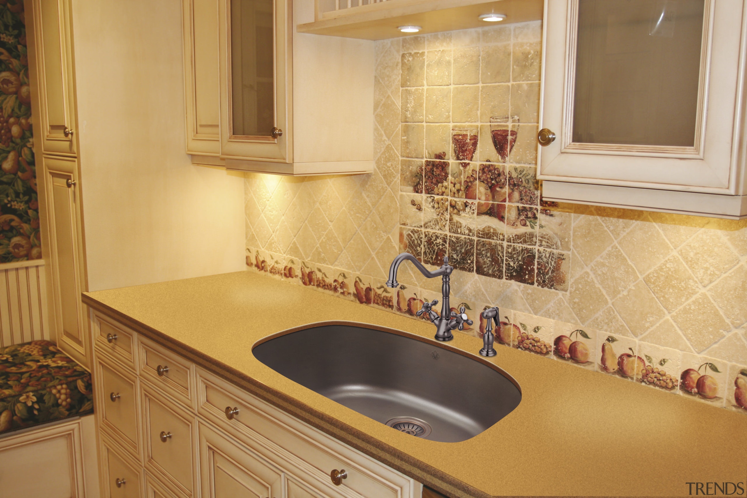 View of undermounted double sinks by Artisan Manufacturing bathroom, cabinetry, countertop, floor, flooring, home, interior design, kitchen, property, room, sink, tile, under cabinet lighting, orange