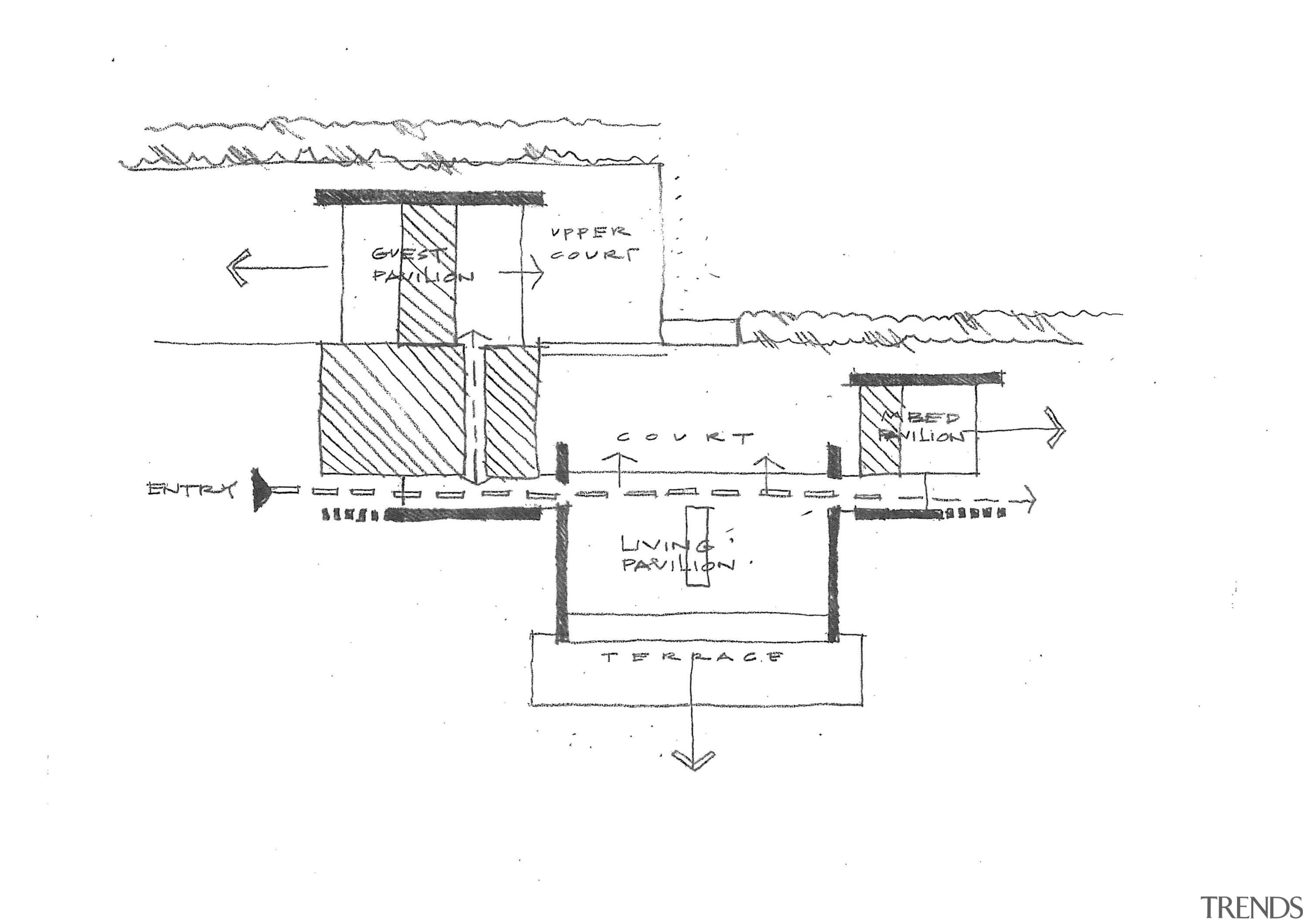 View of contemporary bach with terrace, sheltered courtyard angle, area, artwork, black and white, design, diagram, drawing, floor plan, font, line, plan, product, product design, schematic, structure, technical drawing, text, white