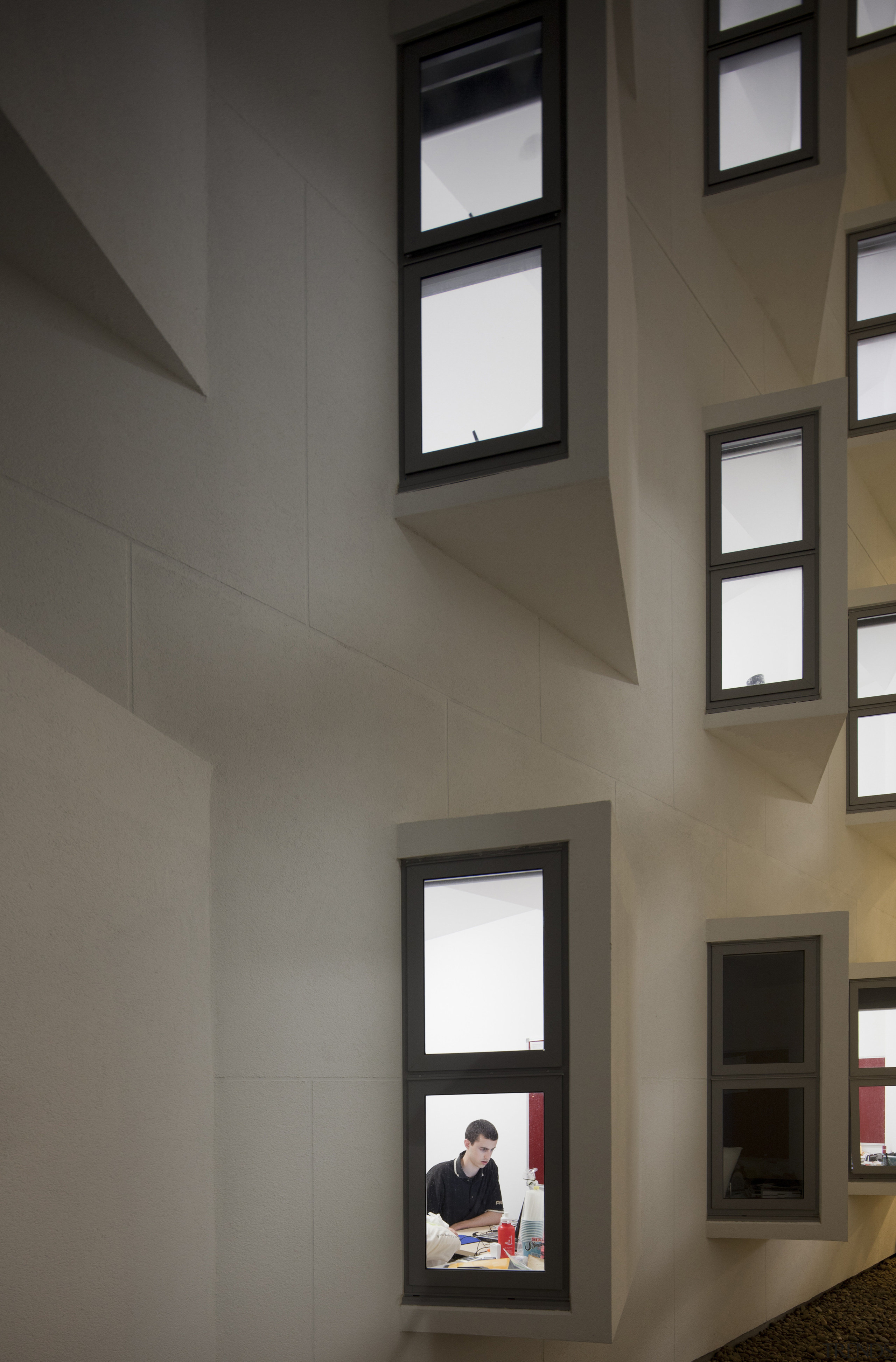 View of the Boston University student accommodation in architecture, ceiling, daylighting, home, house, interior design, window, gray, black