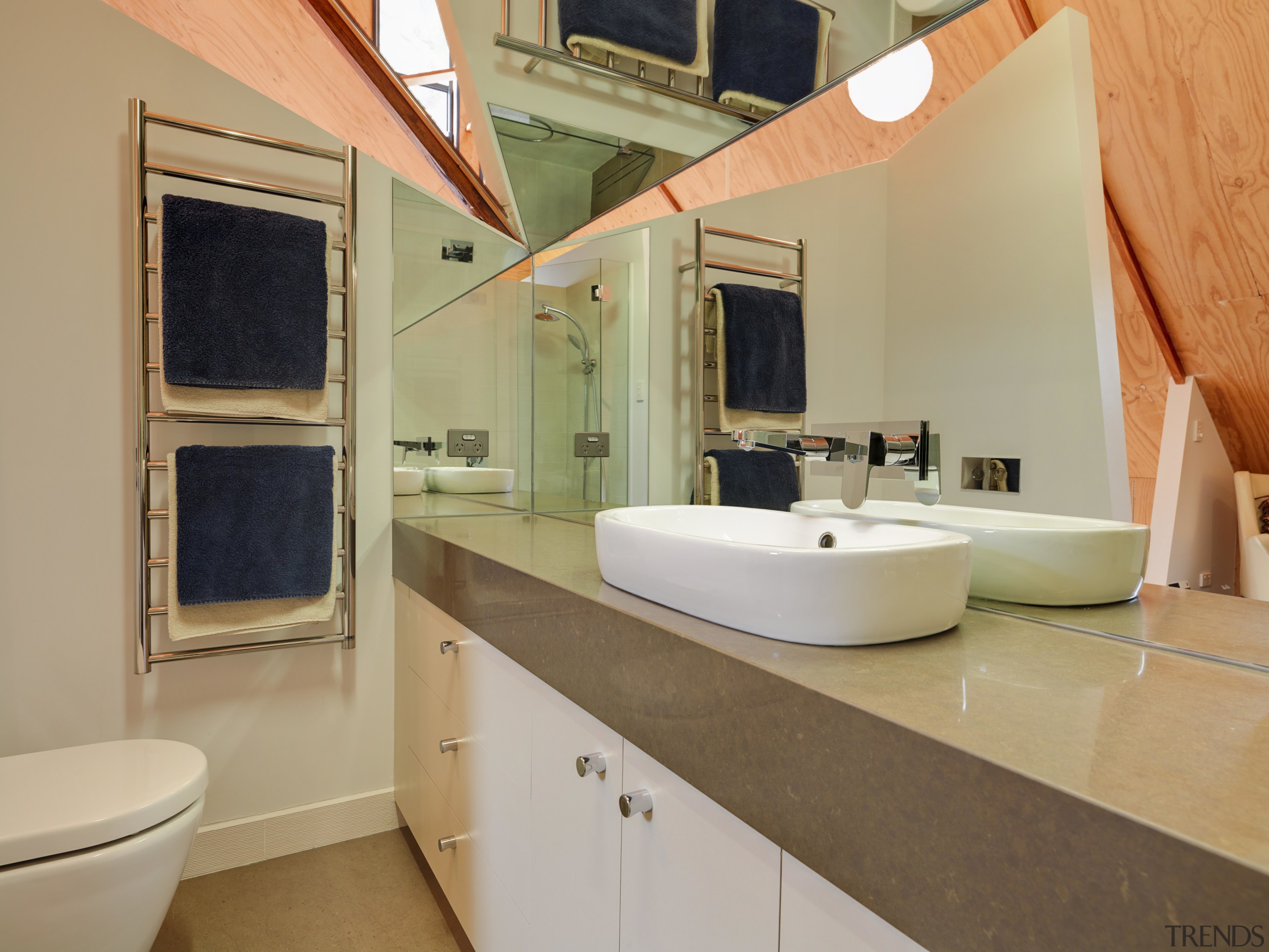 View of bathroom suite with angled openings - bathroom, home, interior design, real estate, room, sink, orange