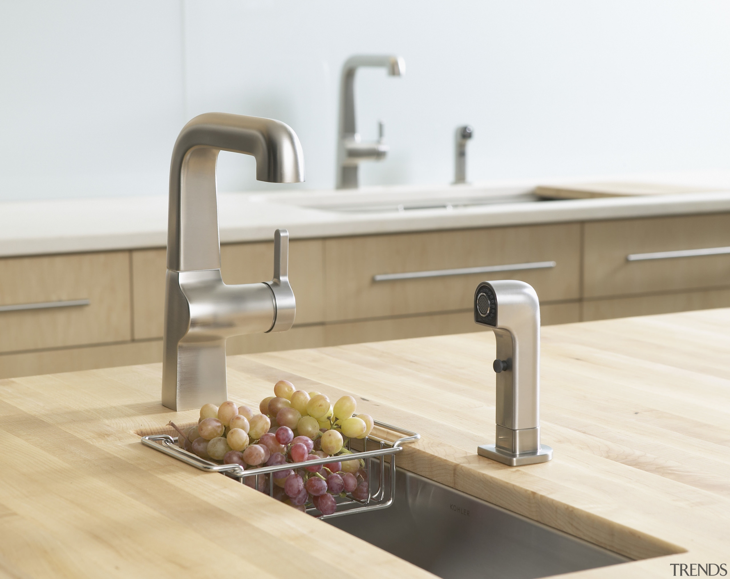 The Kohler Evoke faucet can be paired with countertop, kitchen, plumbing fixture, product design, sink, tap, white