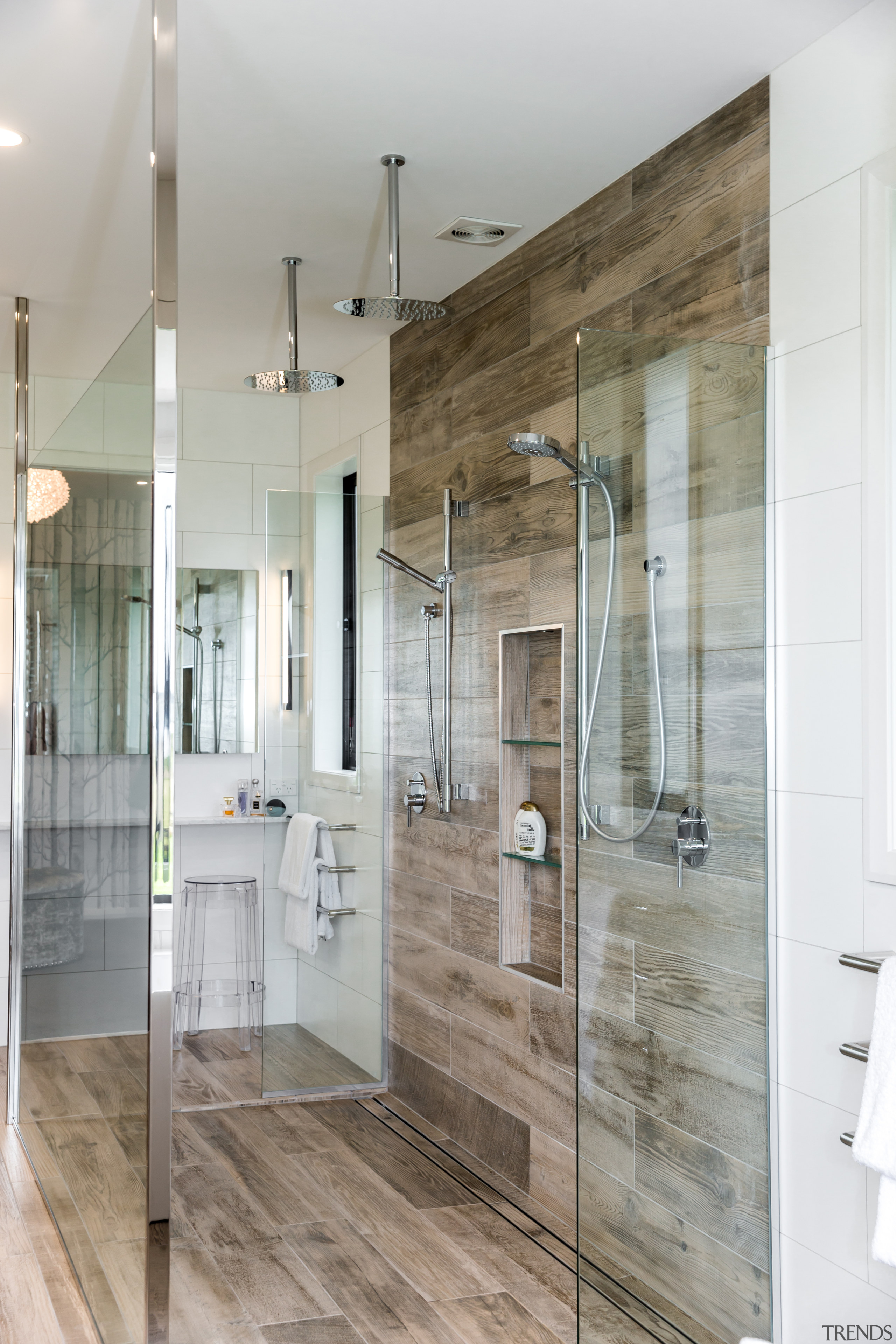 ​​​​​​​His and hers – he likes the shower bathroom, floor, flooring, glass shower, tile, yellowfox, double shower