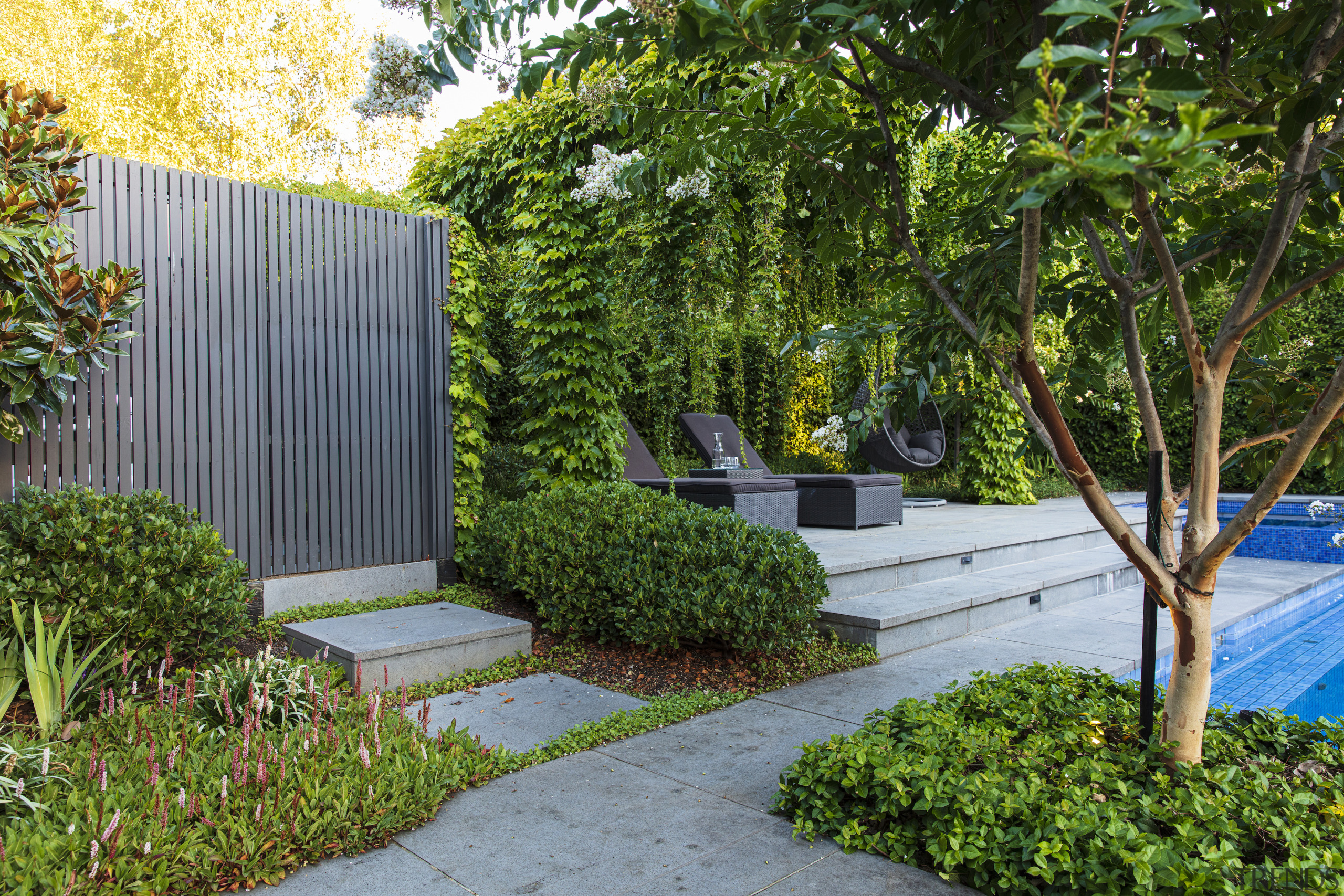 Entry to the garden, with pergola to right. 