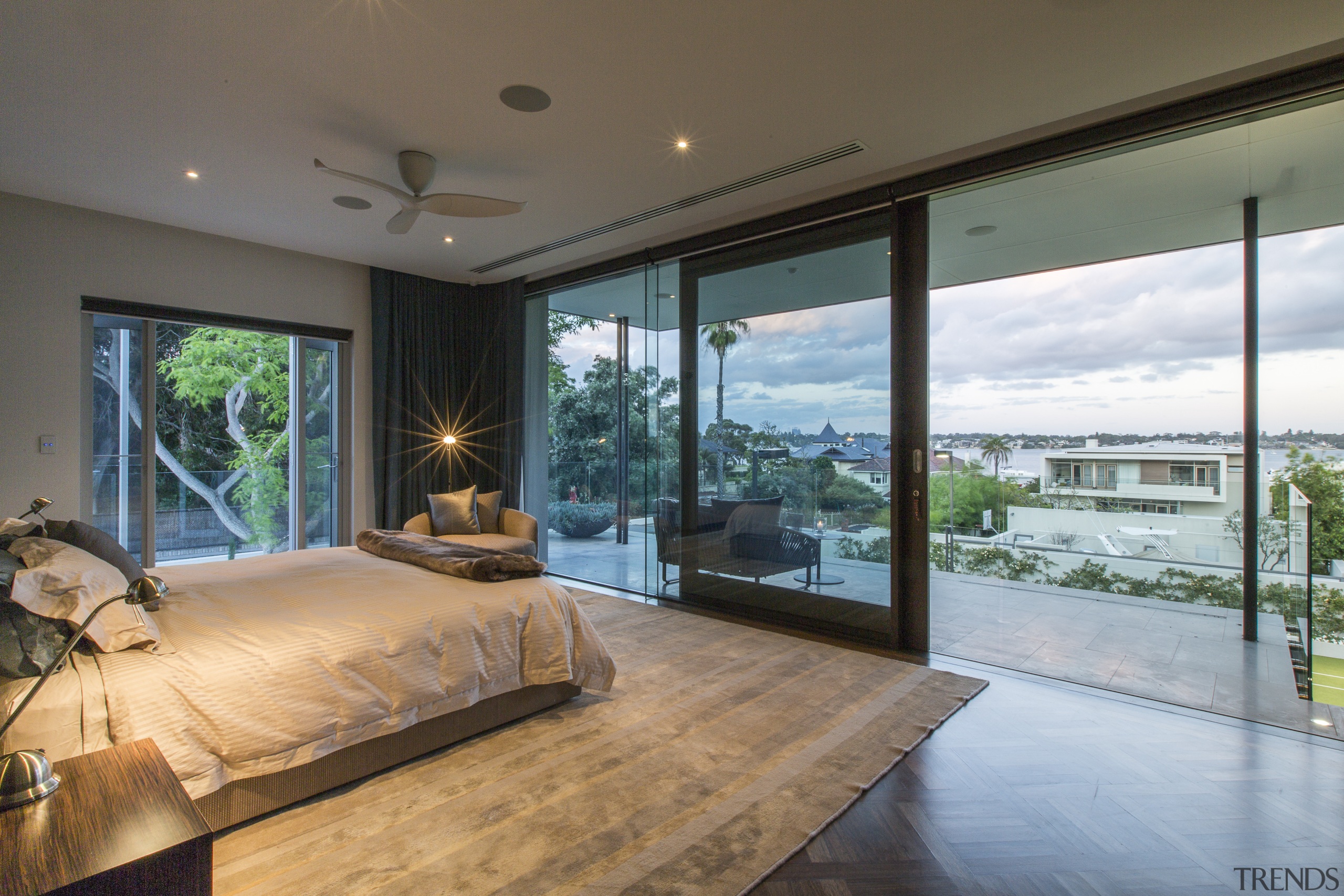 French doors in bedroom open to upper terrace architecture, ceiling, estate, floor, house, interior design, property, real estate, window, gray