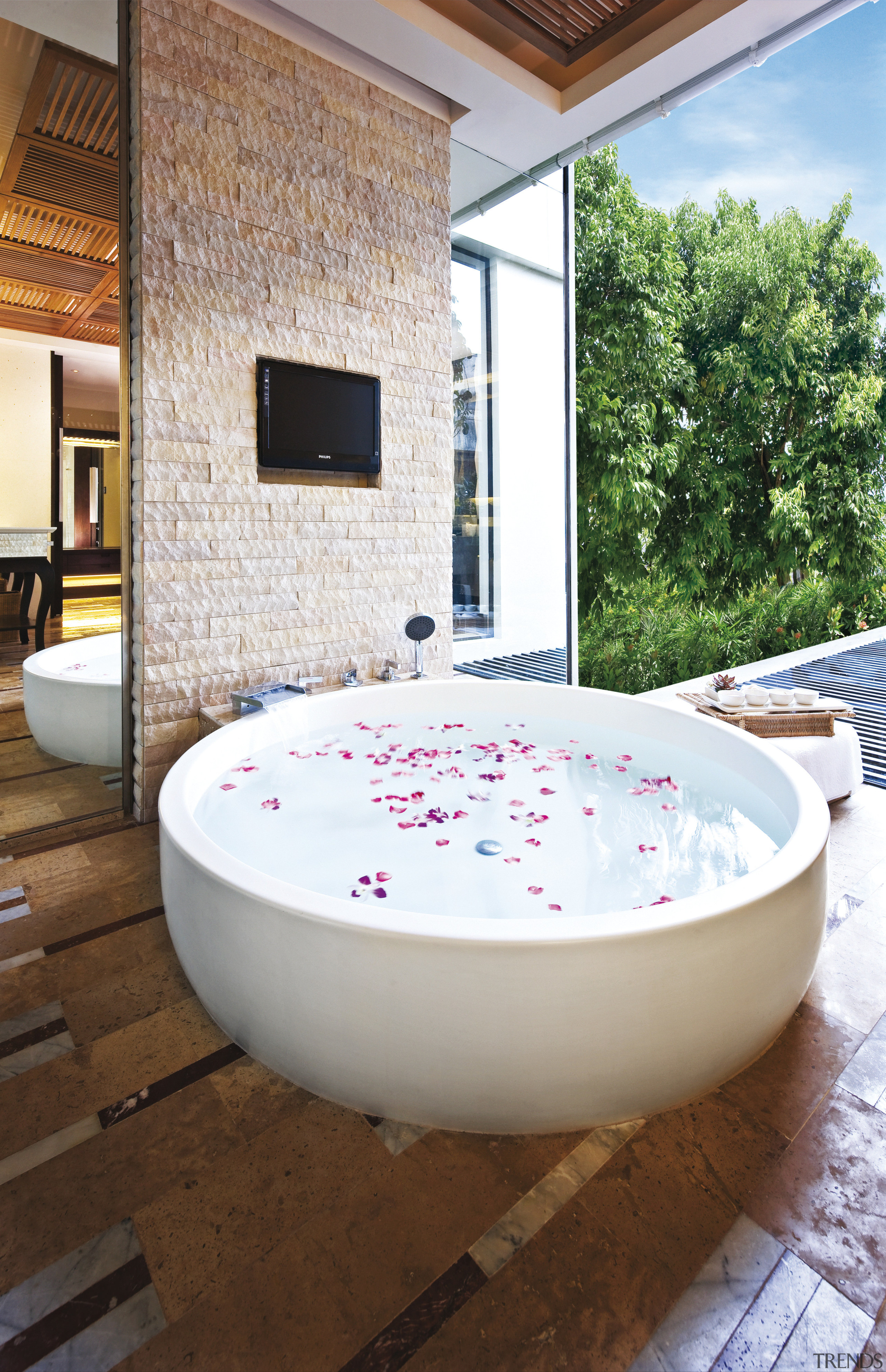 View of contemporary resort with European/Thai-style furniture, sliding bathroom, bathtub, estate, interior design, jacuzzi, room, white, brown