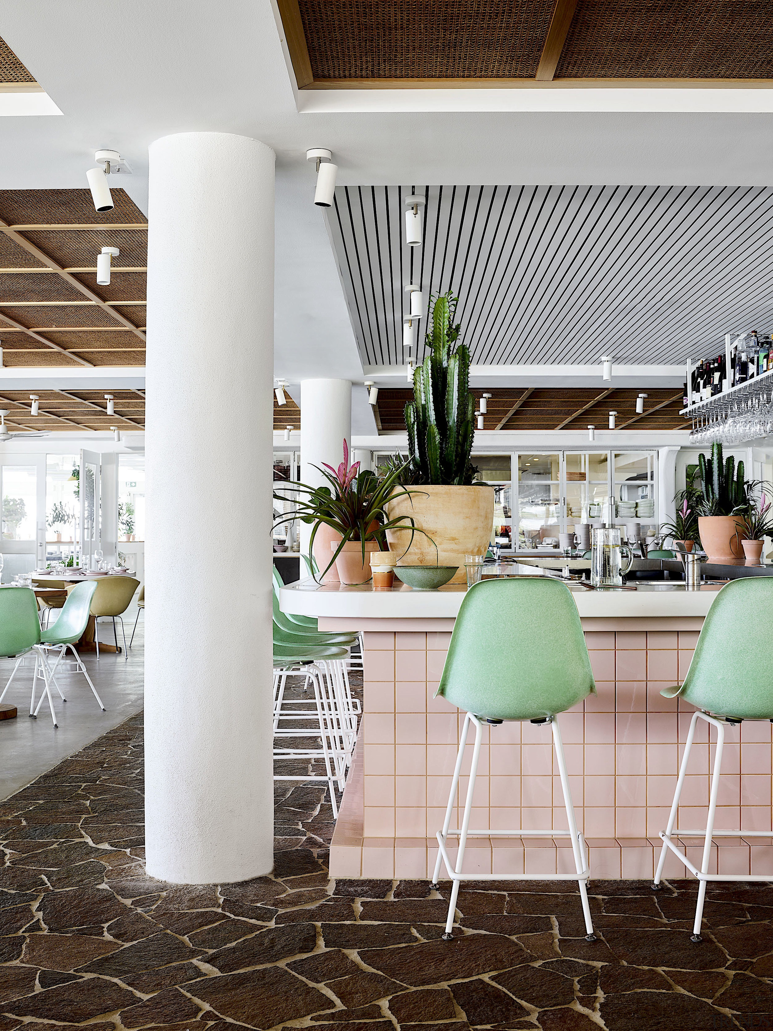 The Tropic restaurant features a rattan ceiling, crazy 