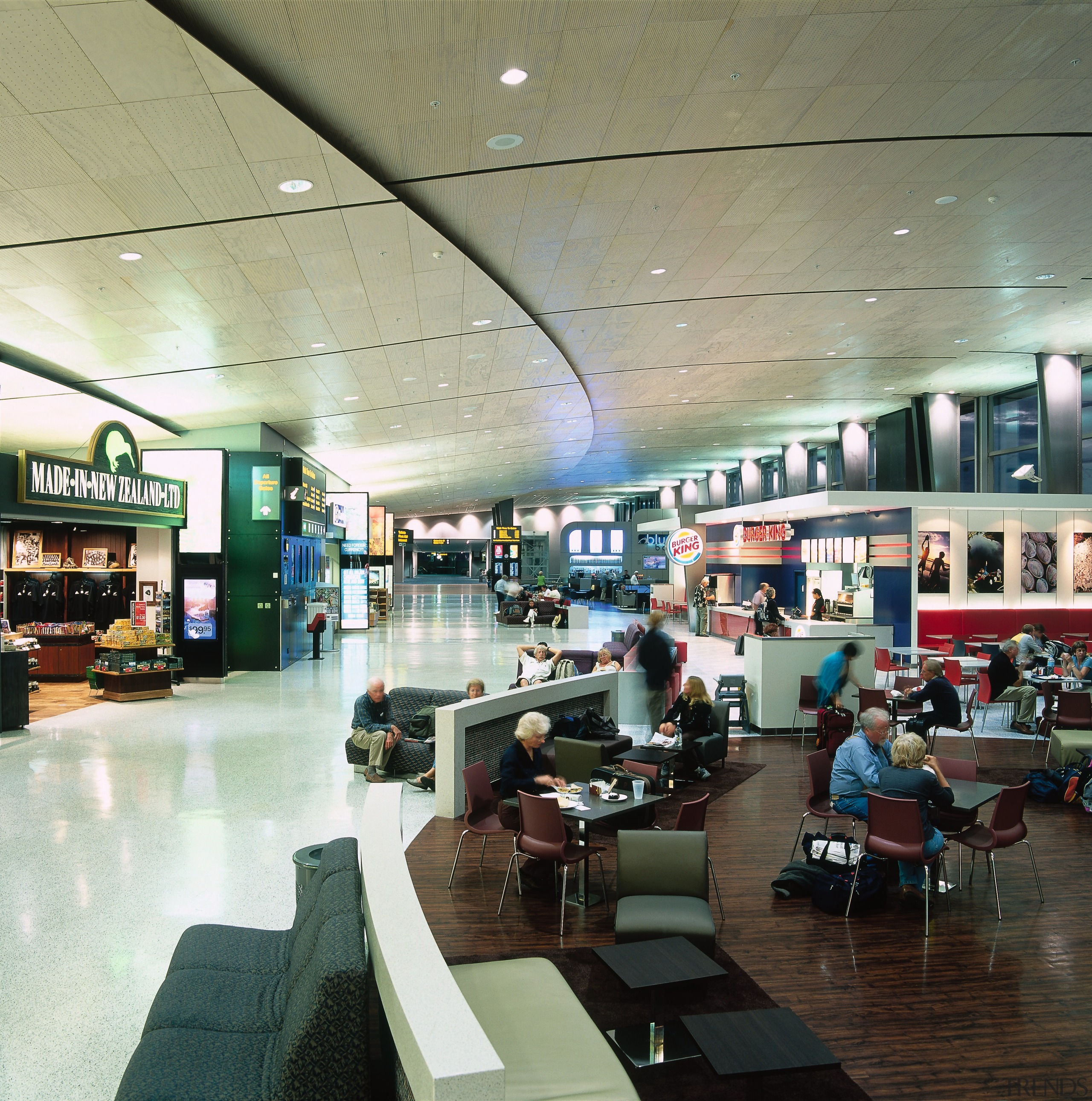 Interior view of airport complex passenger area. - airport terminal, food court, institution, interior design, retail, shopping mall, black